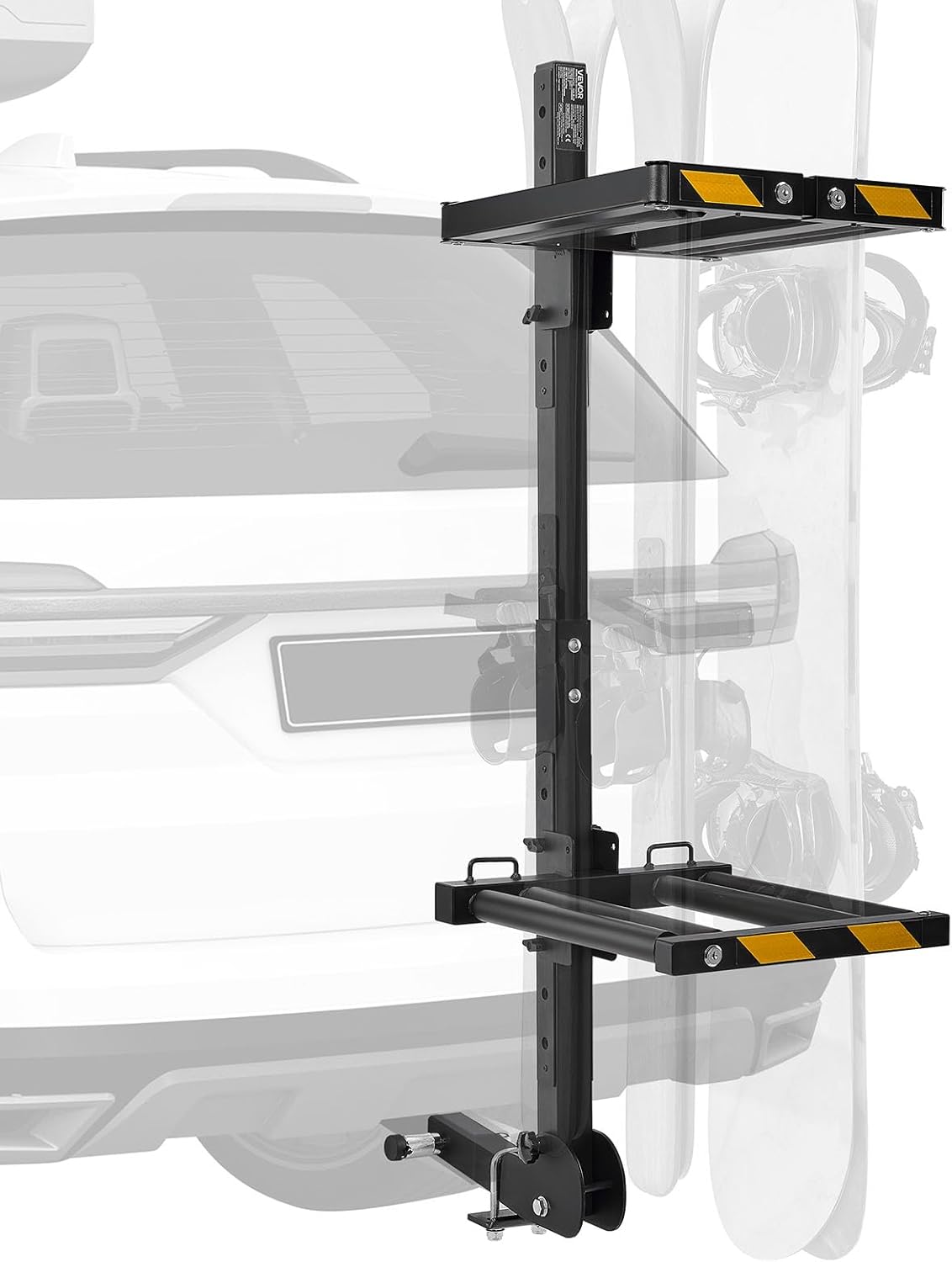 VEVOR Folding Hitch Mounted Ski & Snowboard Rack, Fits 2-Inch Receiver, Carries up to 6 Pairs of Skis or 4 Snowboards, Adjustable Hitch-Mounted Rack for Car with Key Lock, Security Strap, Tilt Access