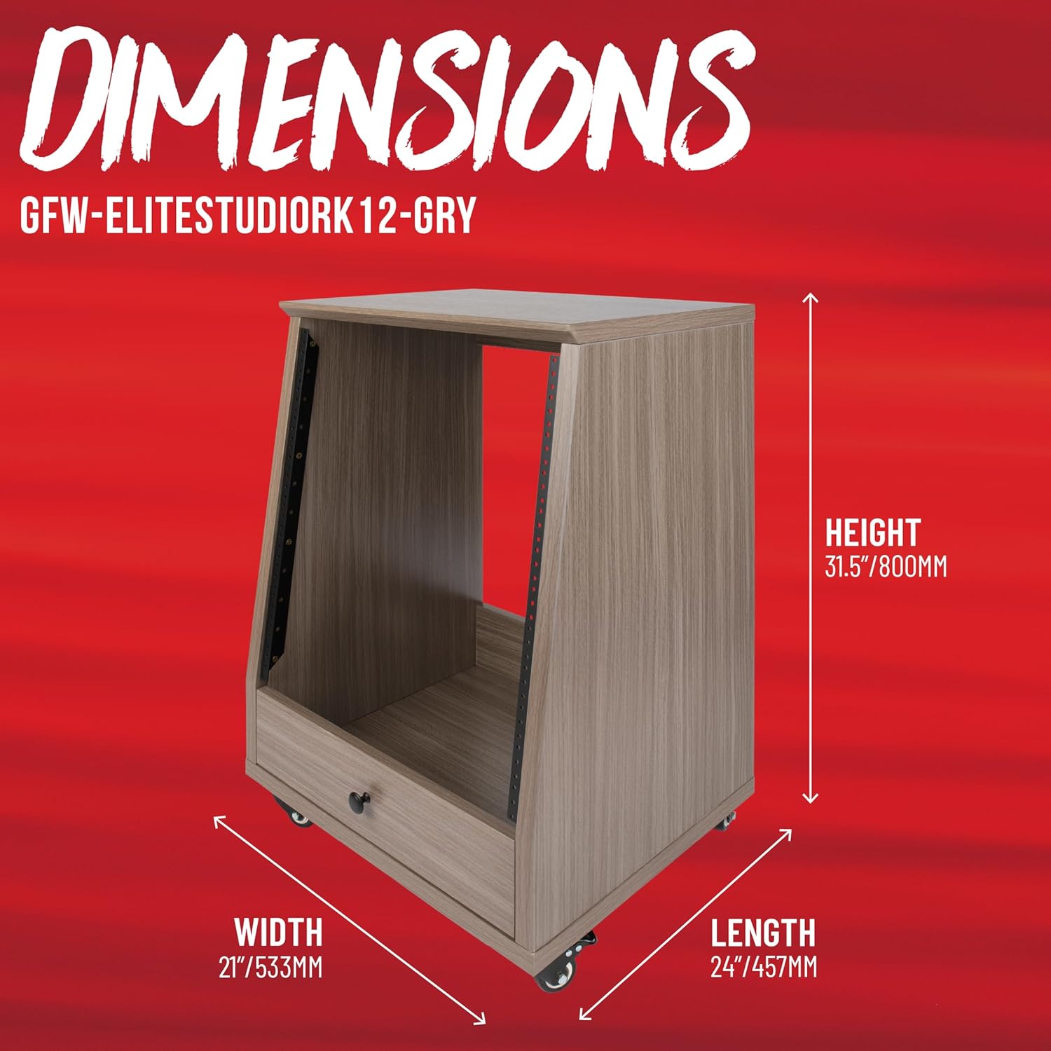 Gator Frameworks Elite Furniture Series 12U Angled Studio Rack with Locking Casters, Driftwood Grey Finish (GFW-ELITESTUDIORK12-GRY)