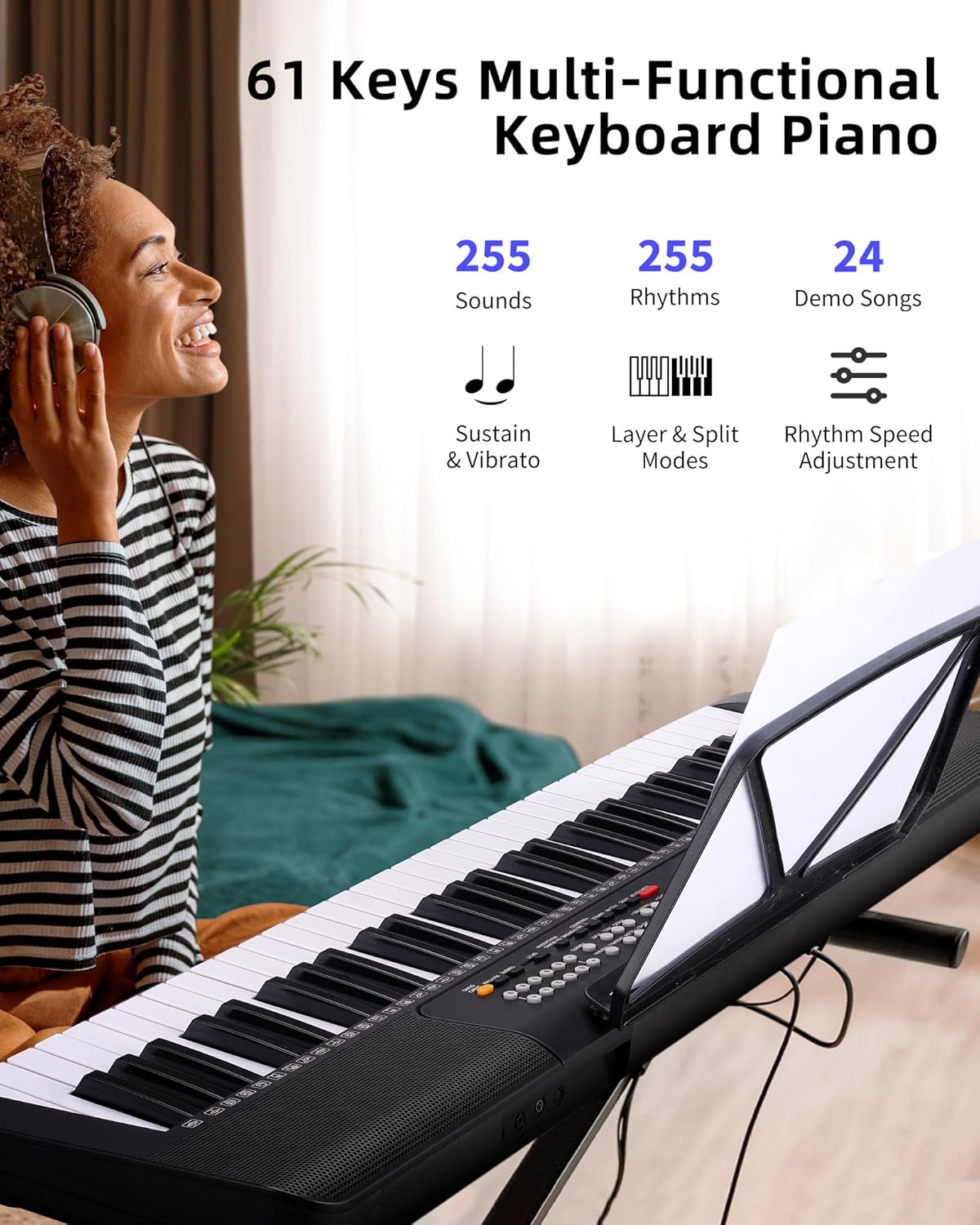 61 Keys Compact Keyboard Piano, Multi-Function Electronic Piano with 255 Sounds, 255 Rhythms, 24 Demos, Includes Sheet Music Stand, Note Stickers & Power Supply, Gift for Beginners, Black