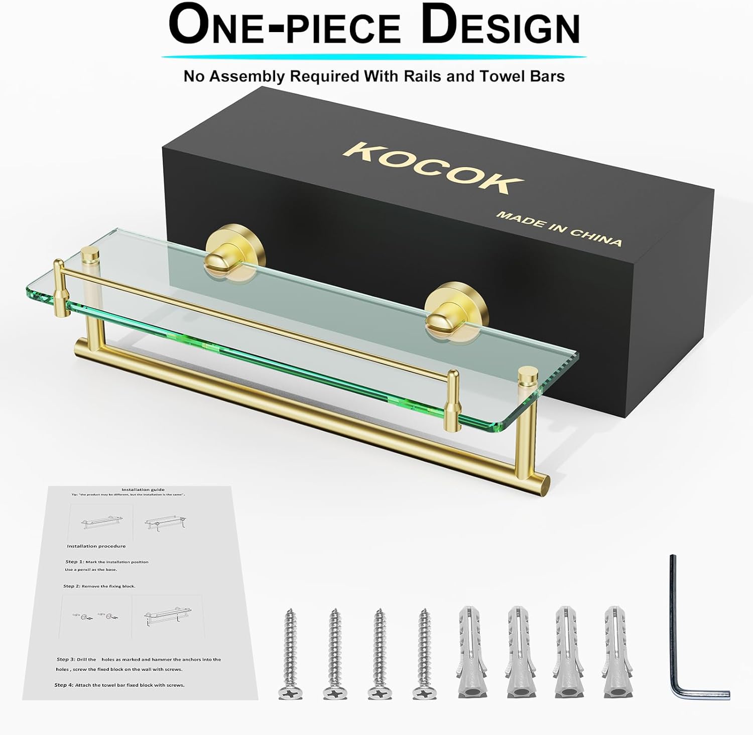 Glass Shelf for Bathroom 2 Pack,16-Inches Floating Glass Shelves Towel Bar/Track(Brushed Gold)