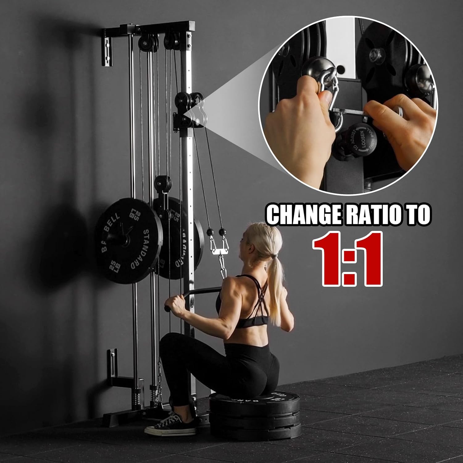 ER Kang Cable Station Wall Mount, 18in Pulley Tower, Dual Pulley System, High & Low Cable Machine, LAT Pull-Down & Row Tower with Flip-Up Footplate, Home Gym Cable Crossover, Black