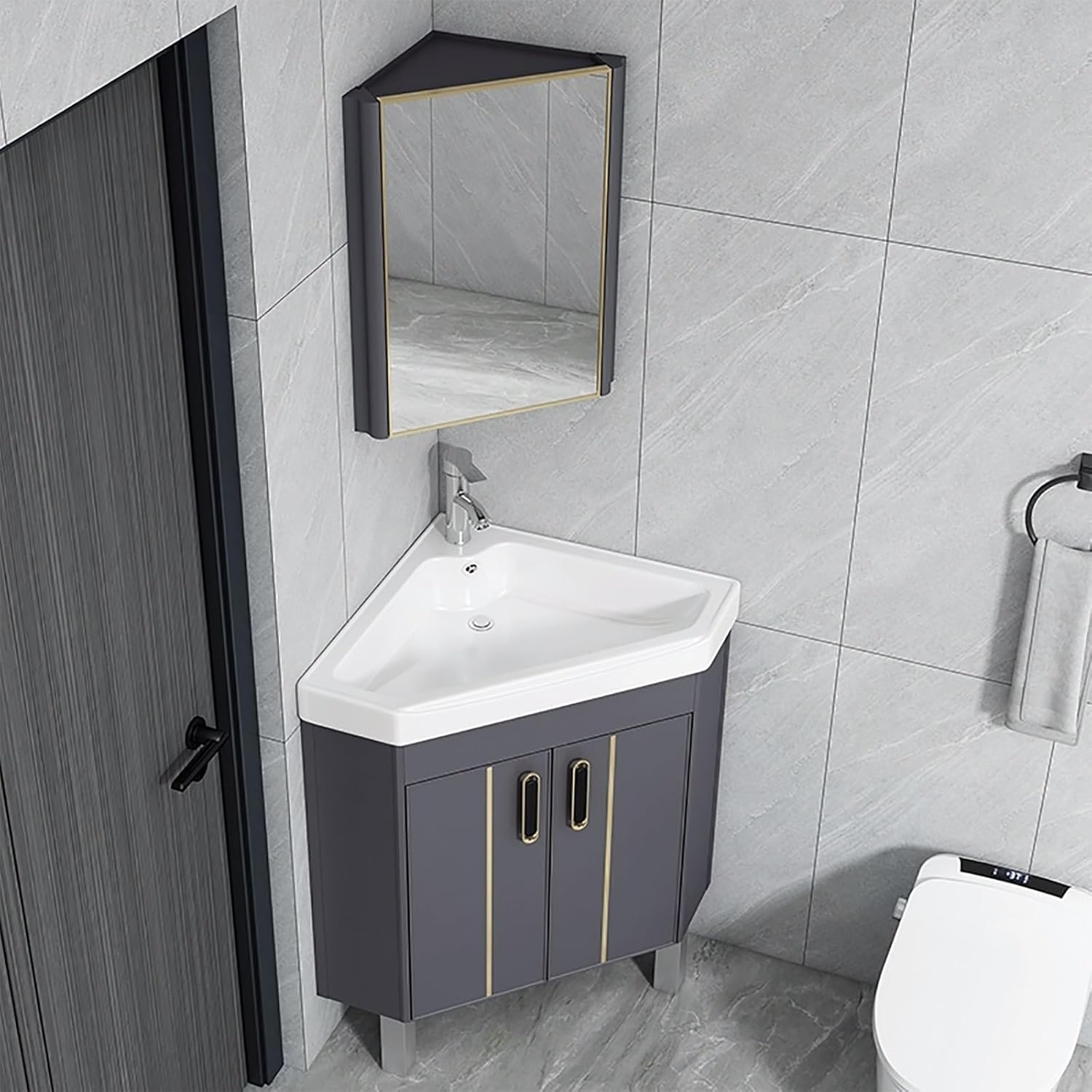 Corner Bathroom Vanity with Sink - Floor Standing, Wall Mount, Ceramic, Storage Container