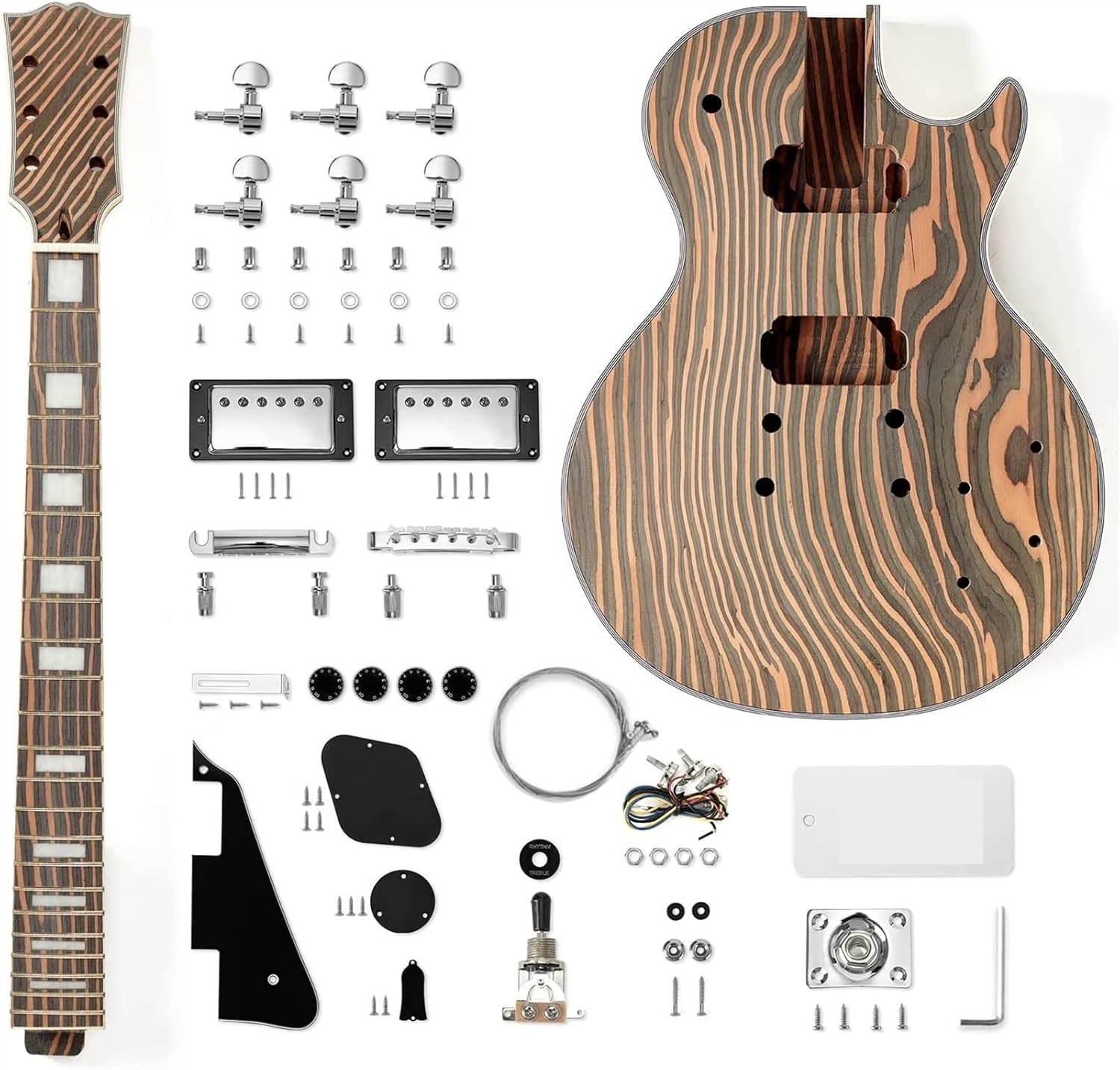 FLFL New 6 String Guitar Kit Zebrawood Solid Body for LP Style Electric Guitar Builder Kit Unfinished Guitar Kit