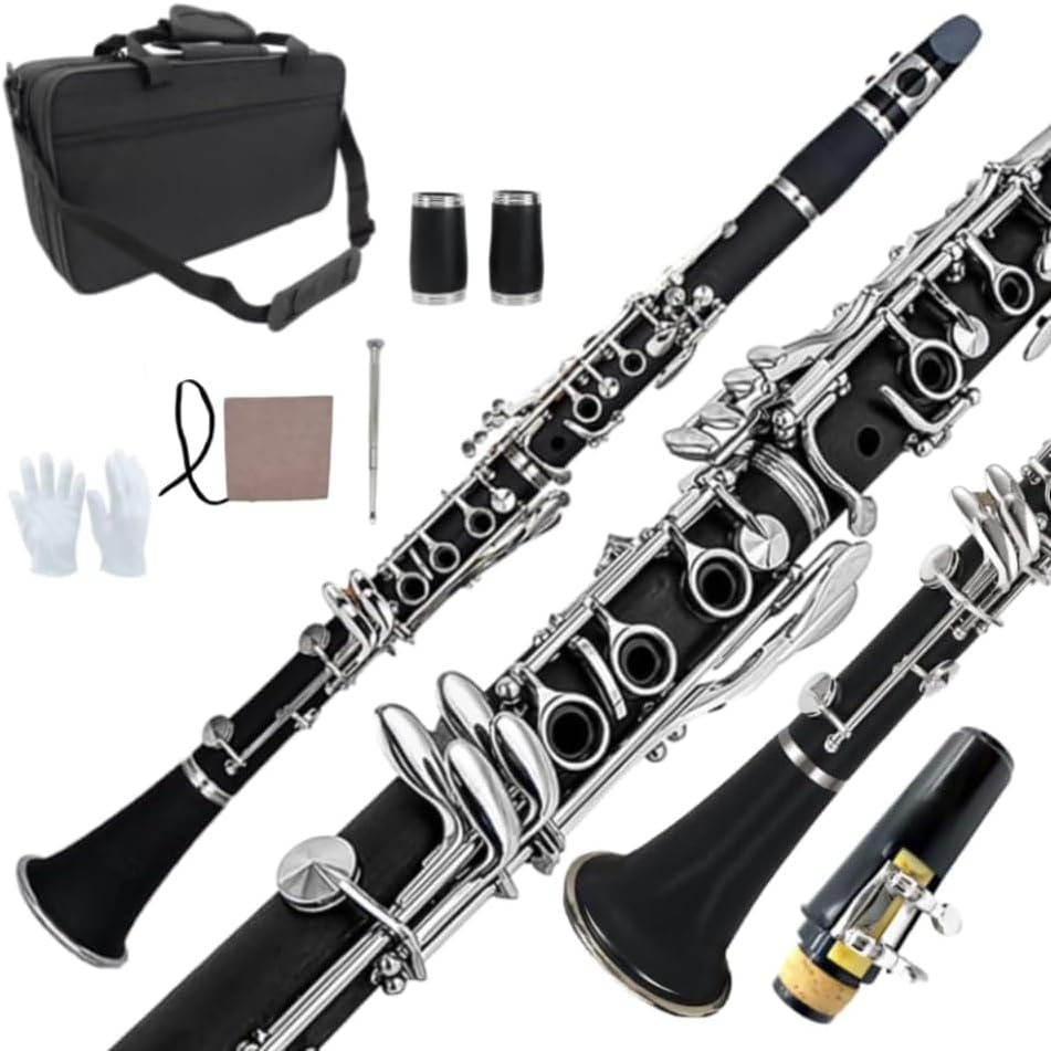 Bb Clarinet for Beginners & Students – Professional B Flat Clarinet 17 Keys with Ebonite Body, Nickel-Plated Keys, 2 Barrels, Cleaning Cloth & Gloves, Carrying Case