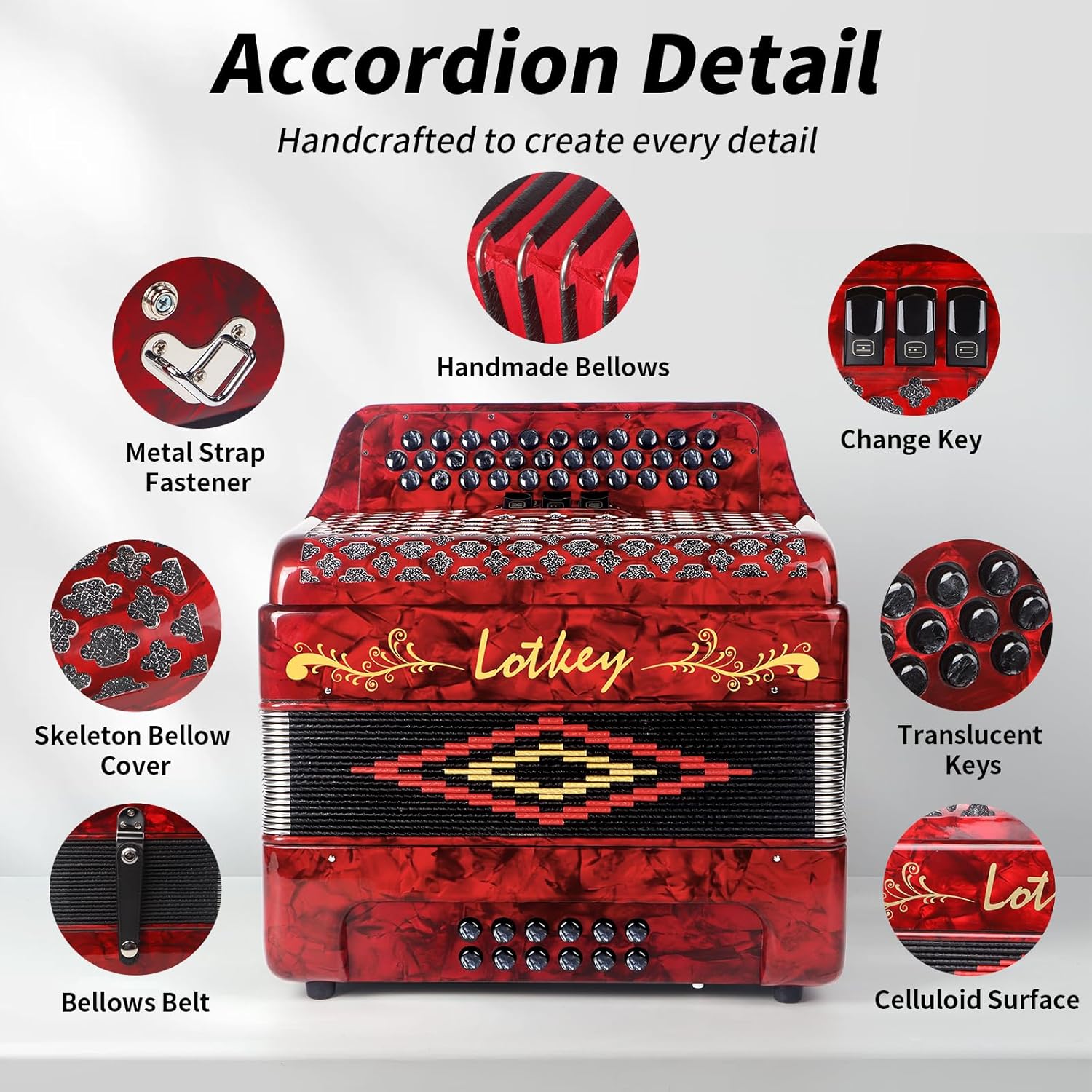 Lotkey 34 Key Diatonic Accordion, 3412 Multi Tone Celluloid Accordions Louder Clearer Timbre than Plastic for Adult, Beginner, Professional with Updated Bag, Straps, Acordeón Wrist Guard (FBE Red)