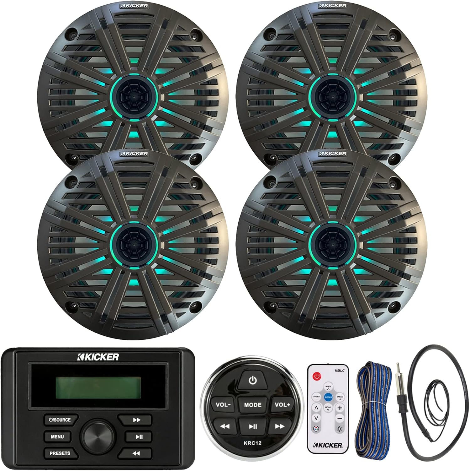 Kicker Marine Bluetooth USB RCA Stereo Receiver w/Remote Bundle with (QTY 4) 6.5