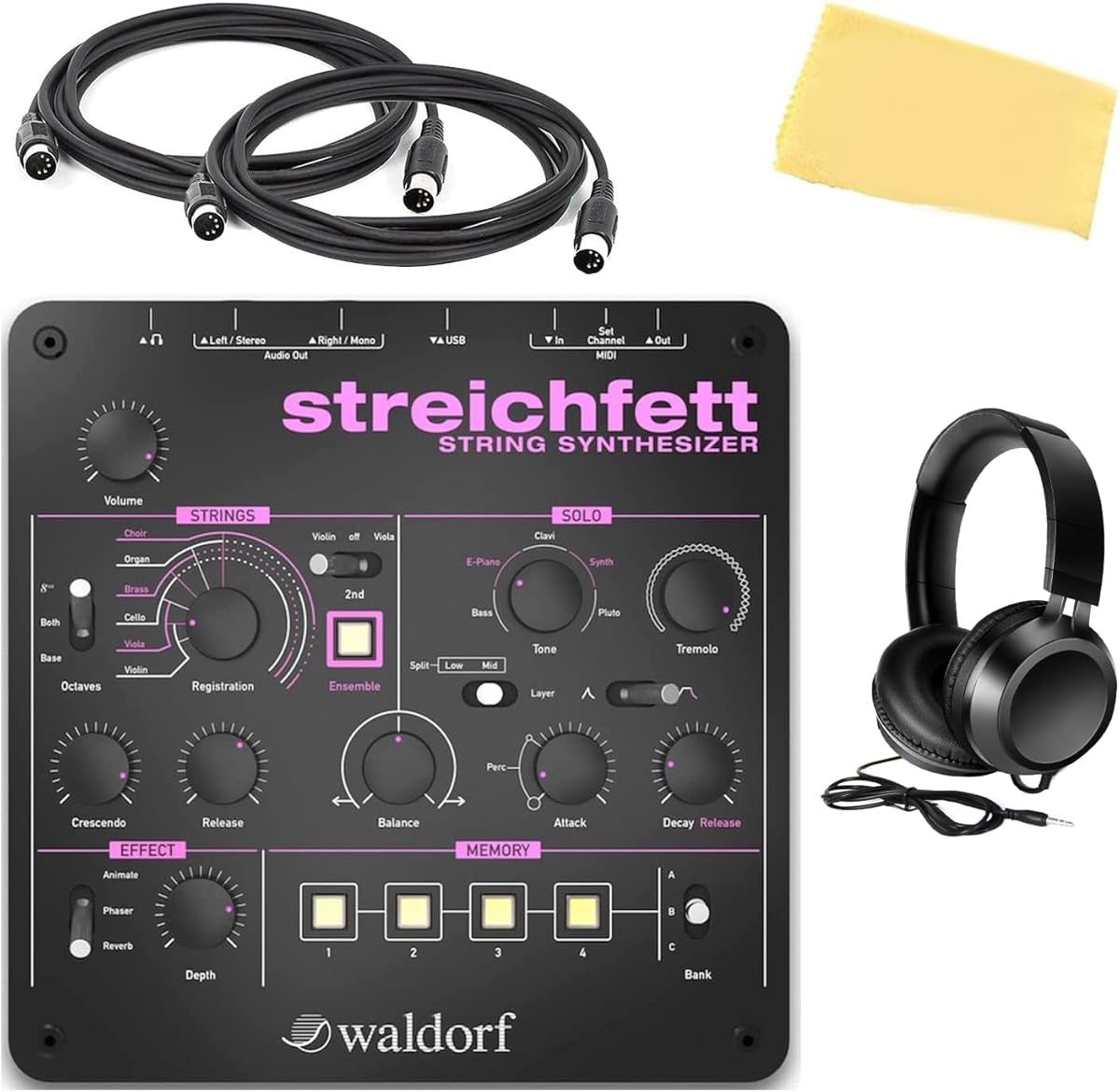 Waldorf Streichfett String Synthesizer Bundle with Headphones, MIDI Cable, and Austin Bazaar Polishing Cloth