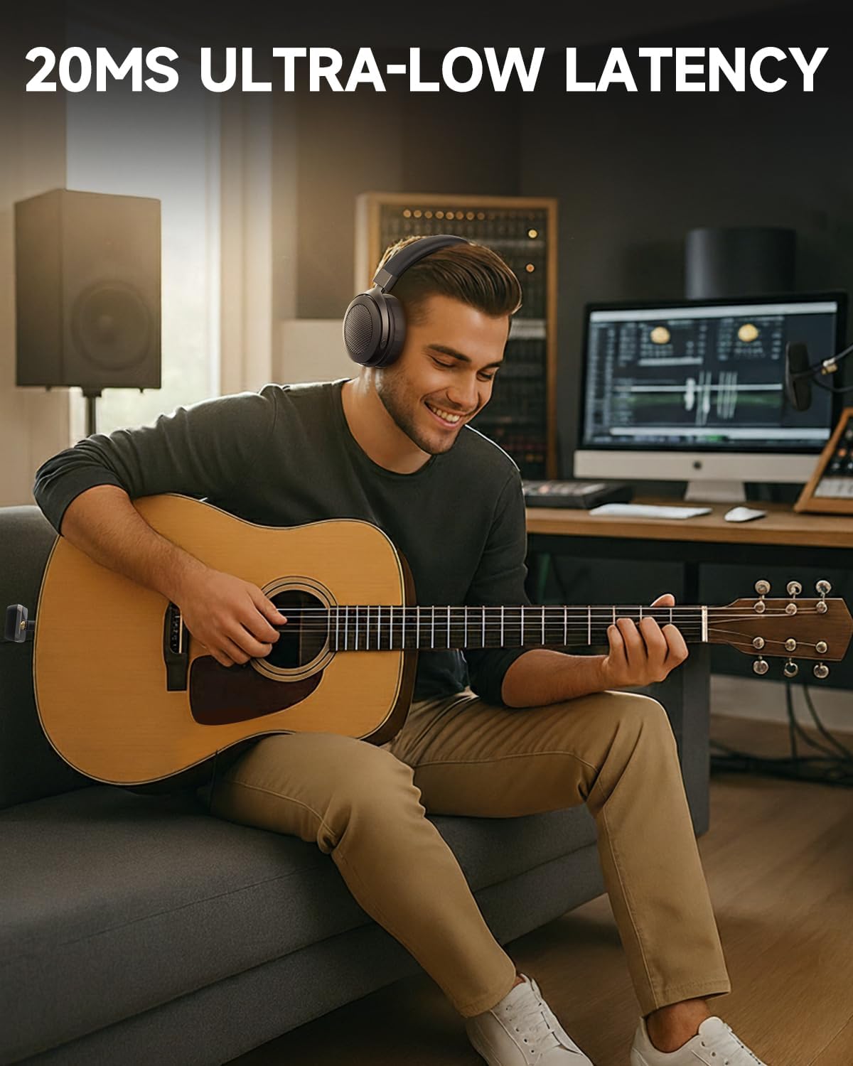 2.4GHz Wireless Headphones for Bass Guitar, 20ms Low Latency, Wireless Over Ear Headphones with 6.35mm & 3.5mm Jack for Studio Monitor & Mixing DJ AMP Keyboard, Pure Black