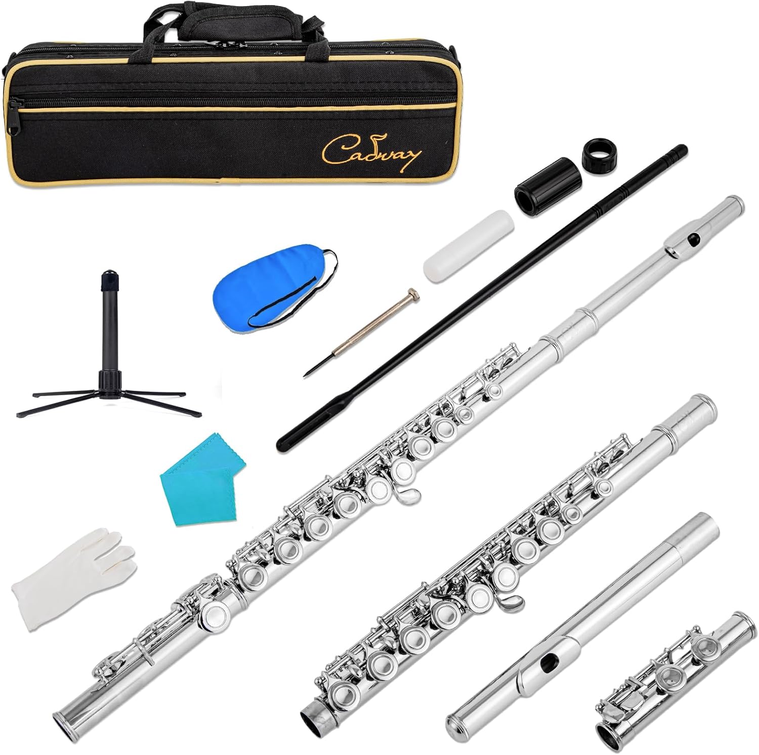 New C Flutes Closed Hole 16 Keys Flute for Beginner Flute Instrument with Cleaning Kit, Stand, Gloves, Tuning Rod,Carrying Case, Nickel (Nickel)
