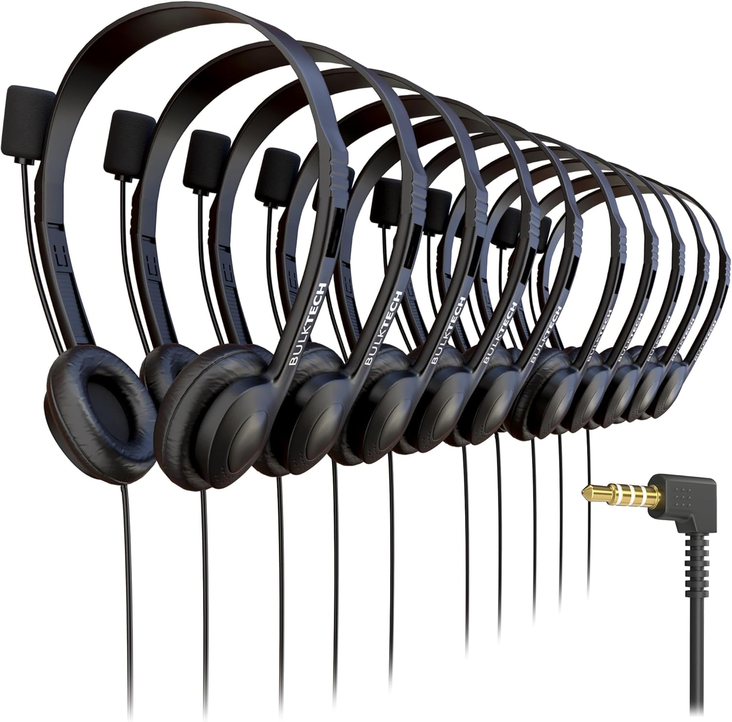 20 Pack Bulk Wired On-Ear Leather Headsets with Boom Microphone and 3.5mm Connector, Black