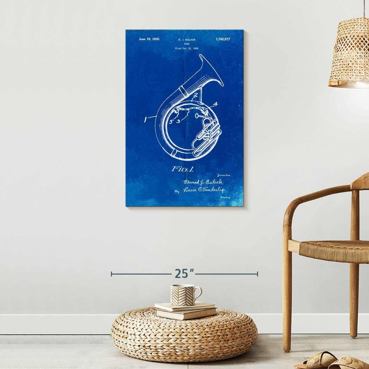 Elephant Stock - Faded Blueprint Sousaphone Patent Poster Wall Art - Vertical Canvas Wall Art - Hallway Wall Decor - Drawing Music Blueprints Canvas Art - Blue And White Decor by Cole Borders - 20