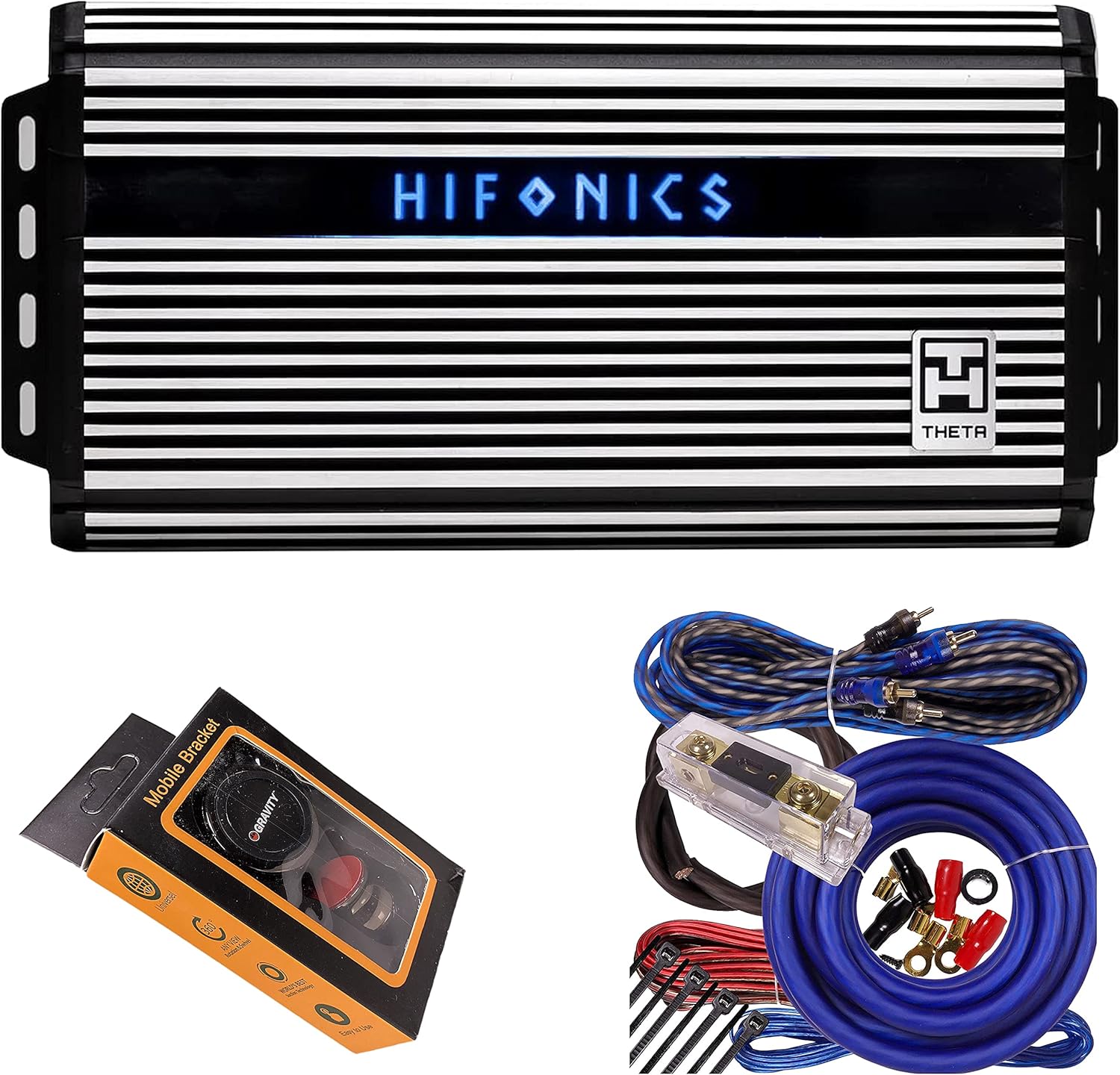 Hifonics ZTH-2225.1D Zeus Theta Compact Mono Channel Car Audio Amplifier (Silver) – Class D Amp, 2200-Watt Bass Remote Included with Gravity Phone Holder and 4 Gauge Amp Kit Blue Bundle