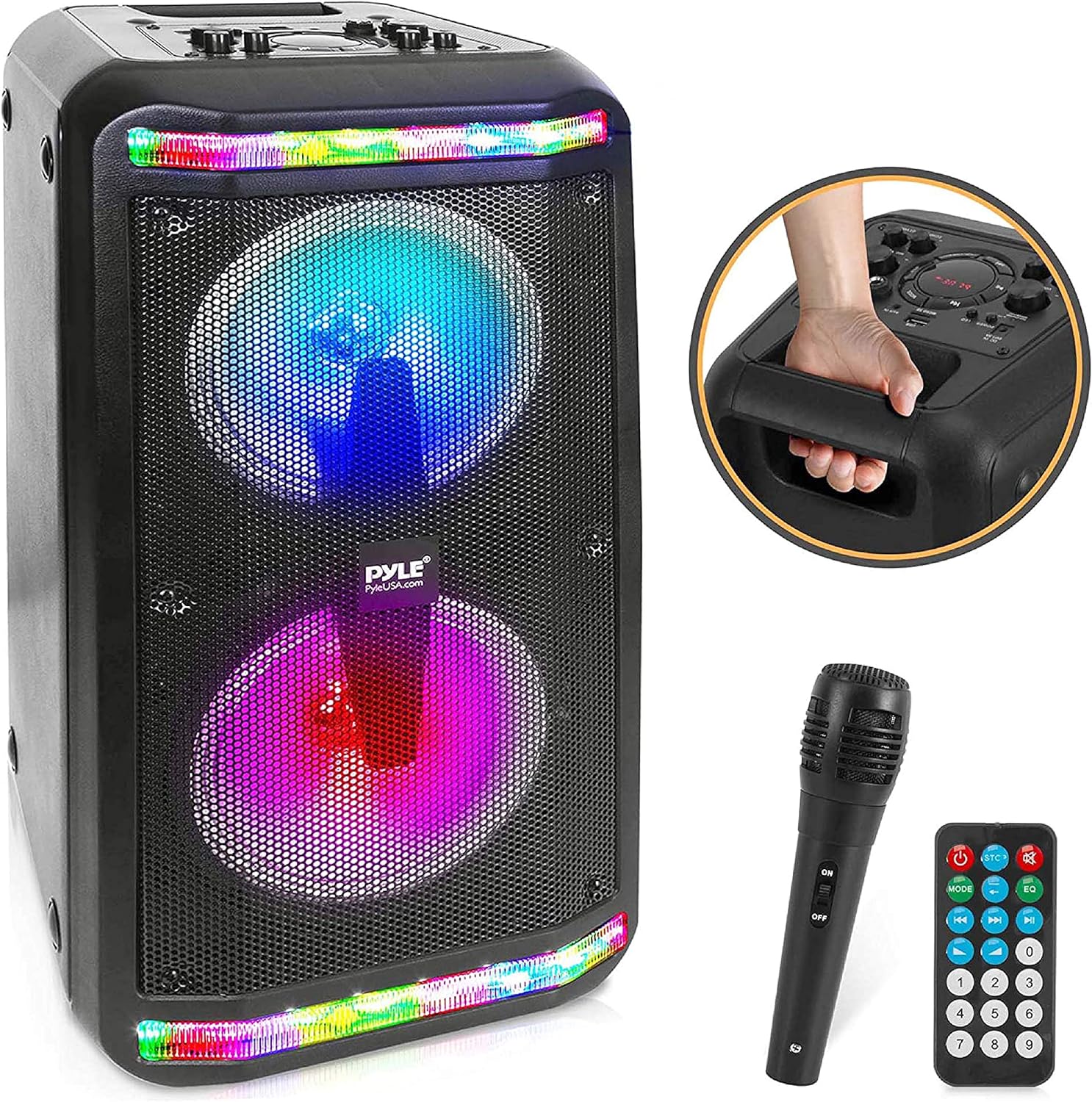 Pyle Bluetooth Speaker & Microphone System - Portable Stereo Karaoke Speaker with Wired Mic, Built-in LED Party Lights, MP3/USB, FM Radio (6.5’’ Subwoofers, 500 Watt MAX) (PPHP266B.5)