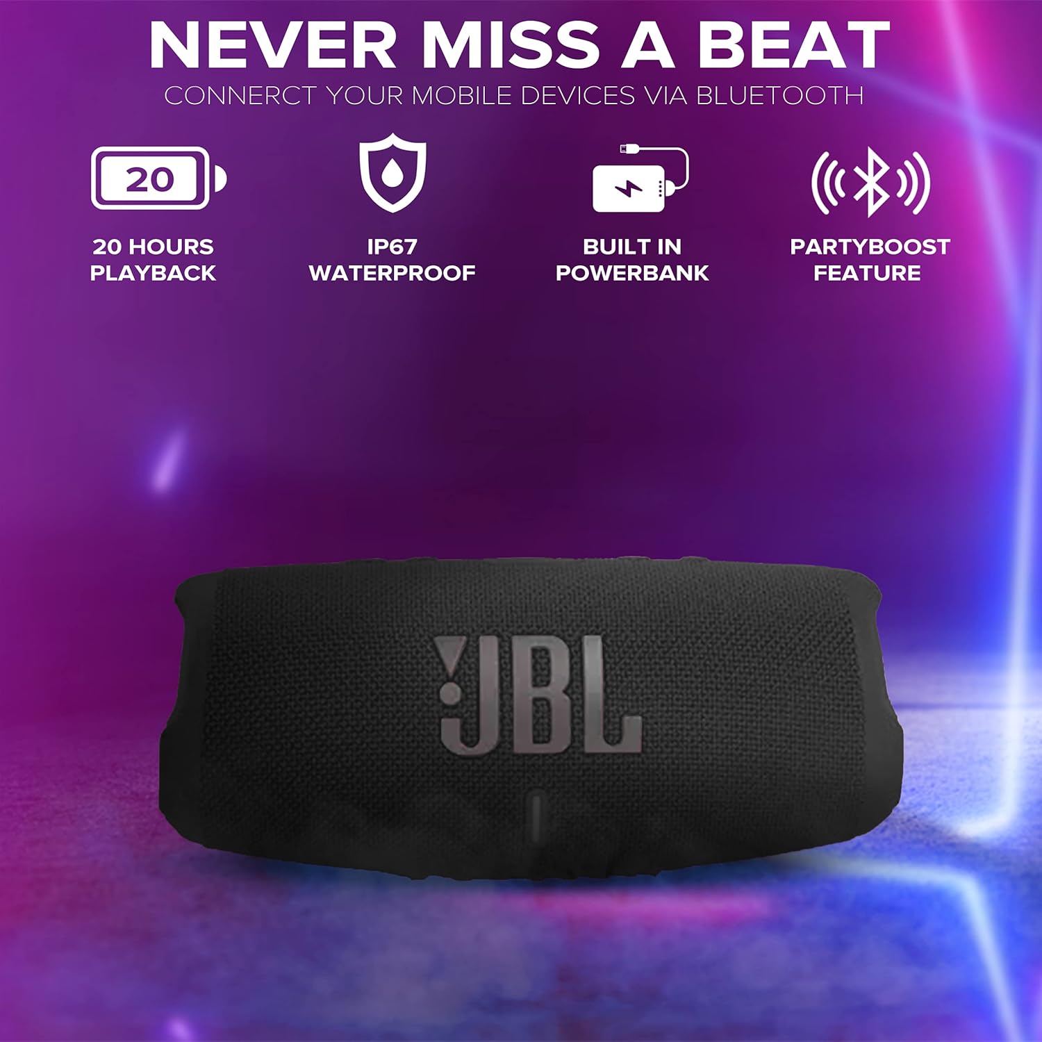 JBL Charge 5 - Portable Bluetooth Speaker with Megen Hardshell Travel Case with IP67 Waterproof and USB Charge Out (Black)
