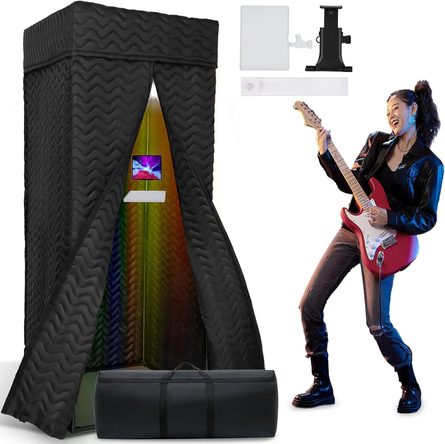 Portable Recording Booth with Adjustable LED Light & Thickened Soundproofing - Studio-Grade Echo-For Home portable vocal booth, Podcasting, Music - Includes Tablet Stand, Storage Shelf & Travel Bag