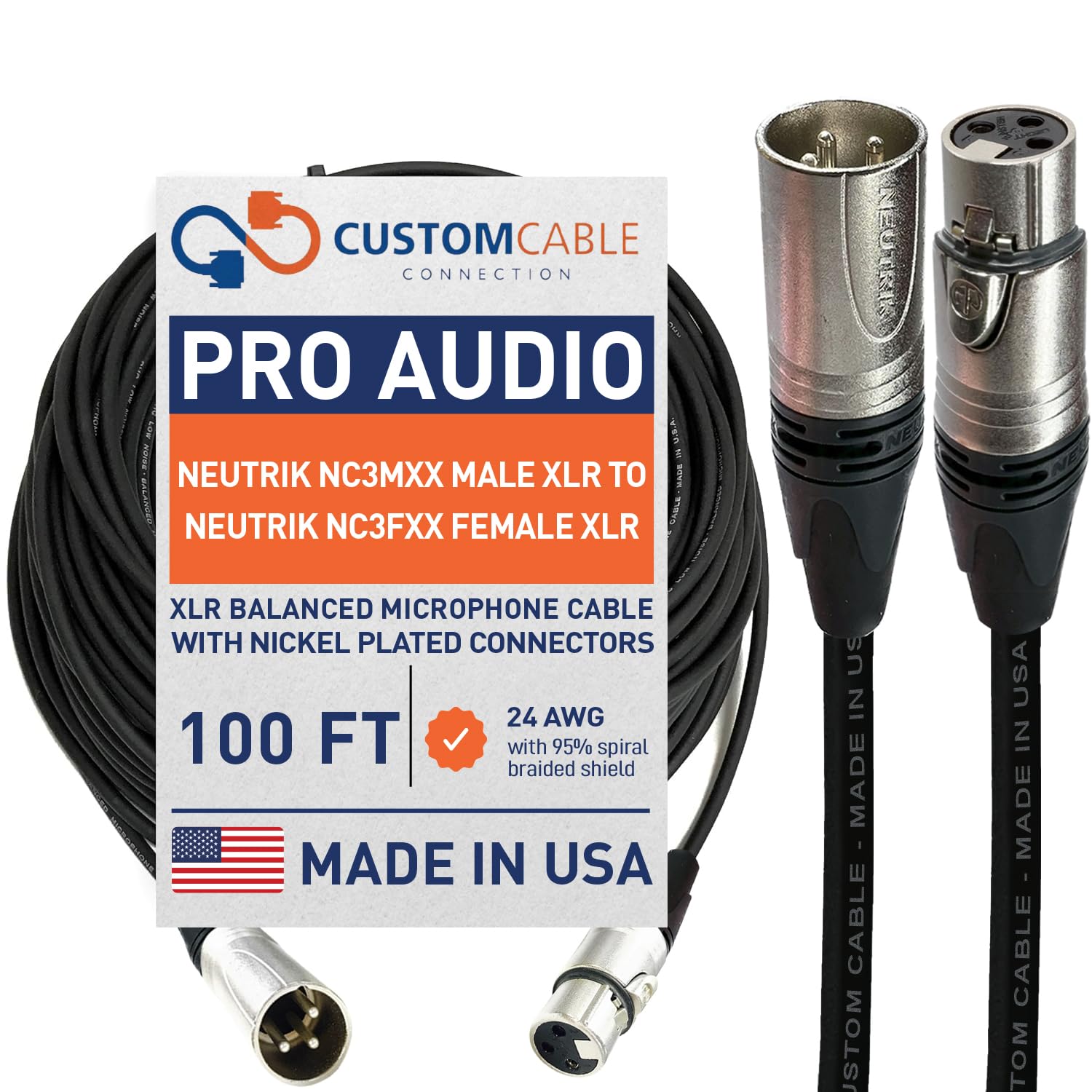 Custom Cable Connection 100 Foot Pro-Audio XLR Balanced Microphone Cable with Neutrik NC3MXX Male and Neutrik NC3FXX Female XLR Connectors