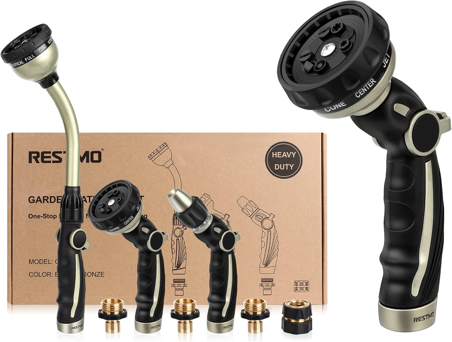 RESTMO Garden Watering Combo, Heavy Duty Hose Sprayer | Metal Hose Wand | High Pressure Hose Nozzle, Thumb Flow Control, Quick Connect Fittings Included, Easy to Reach Anywhere in Garden & Lawn