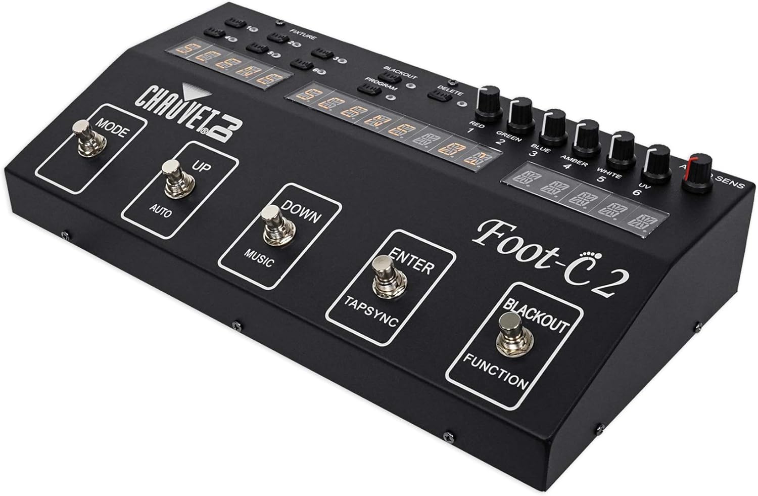 Chauvet DJ Foot C-2 36-Channel DMX Foot Controller w/MIDI Input+LCD Display Bundle with RockvilIe DJ1500 DJ Headphones w/Detachable Coil Cable, Case+Extra Ear Pad