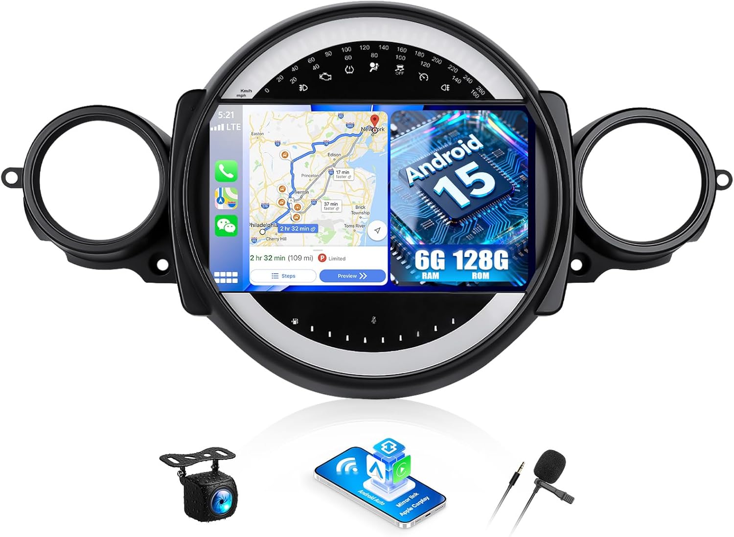 SIXWIN 6G+128G Android Car Stereo for BMW Mini Clubman/Mini Cooper 2007-2013 9 Inch Touch Screen with CarPlay Android Auto Bluetooth Weather Forecast 59UI GPS Navigation WiFi Network Radio 32EQ