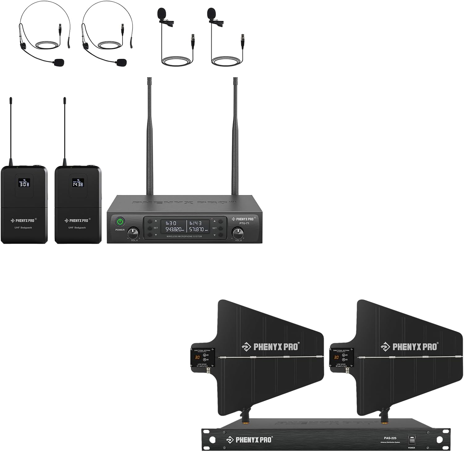 Phenyx Pro Dual Wireless Microphone System w/ 2x100 UHF Frequencies (PTU-71-2B) Bundle with UHF Wireless Antenna Distribution System Kit