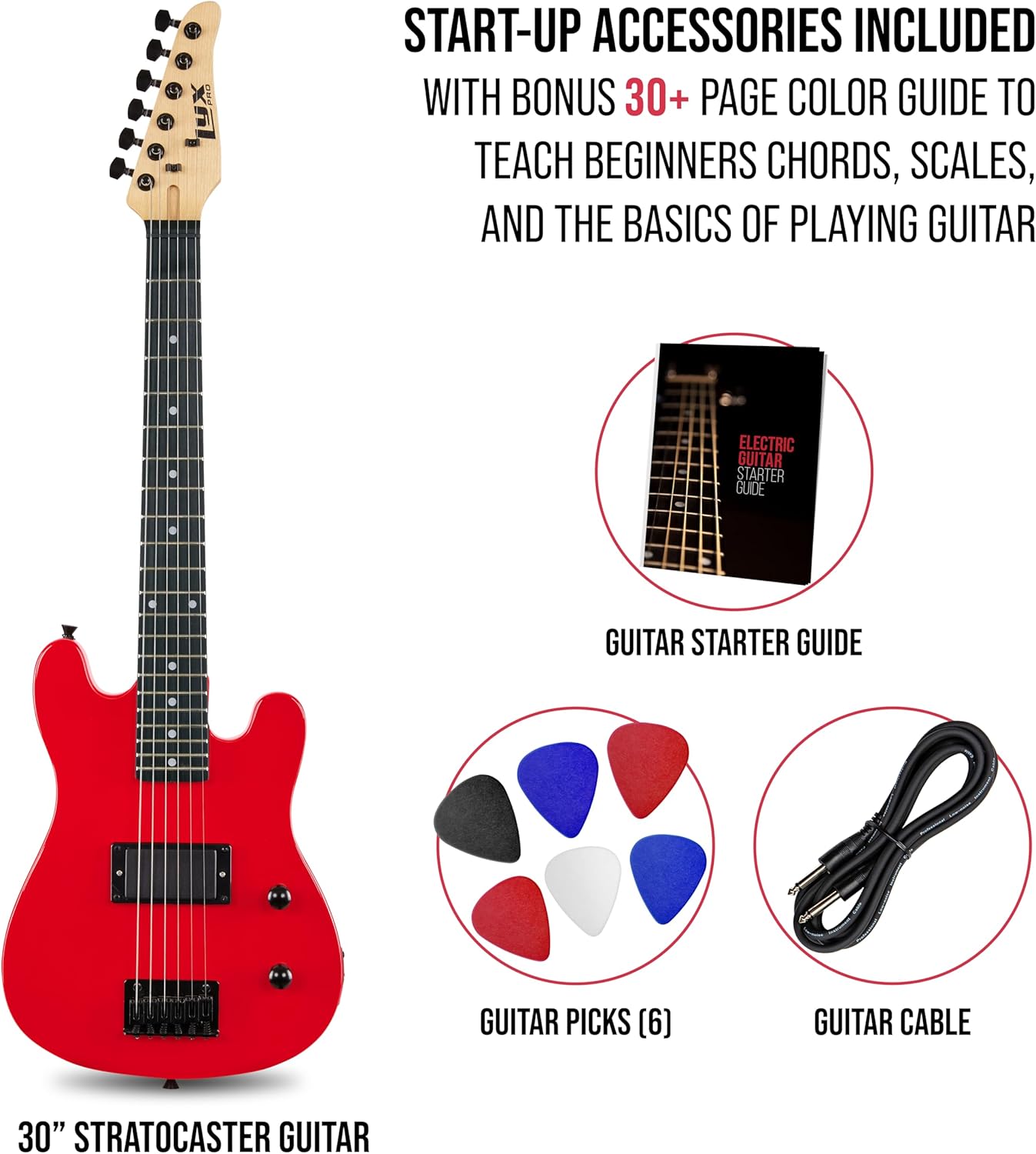 LyxPro CS 30” Electric Guitar Kit for Beginner, Intermediate & Pro Players with Guitar, Amp Cable, 6 Picks & Learner’s Guide | Solid Wood Body, Volume/Tone Controls, 5-Way Pickup - Red