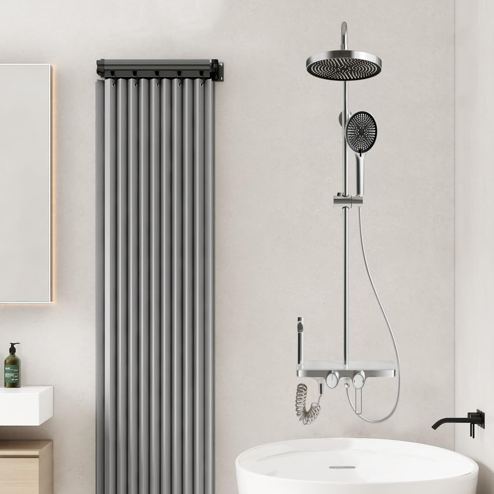 Modern Polyester Fabric Shower Curtain, Wall Mount Corner Shower Curtain Set with Folding Alloy Pole, for Bathroom/Rv/Hotel,White,Four fold Pole