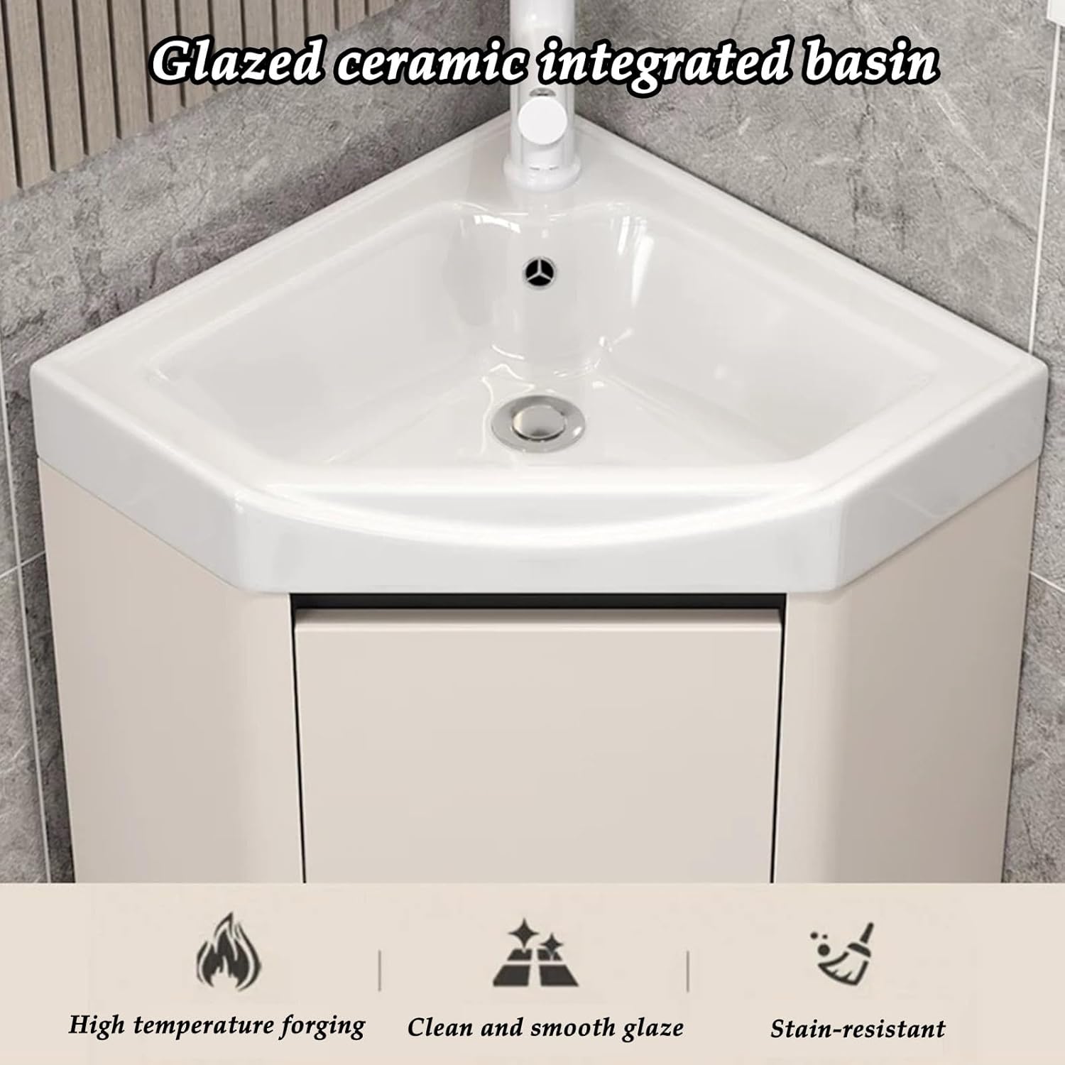 Bathroom Sink, Corner Bathroom Sink, Corner Wall Mount Bathroom Sink, Corner Ceramic Sink, Corner Bathroom Beige Vanity, Corner Balcony Sink with Storage Container(56cm/22in)