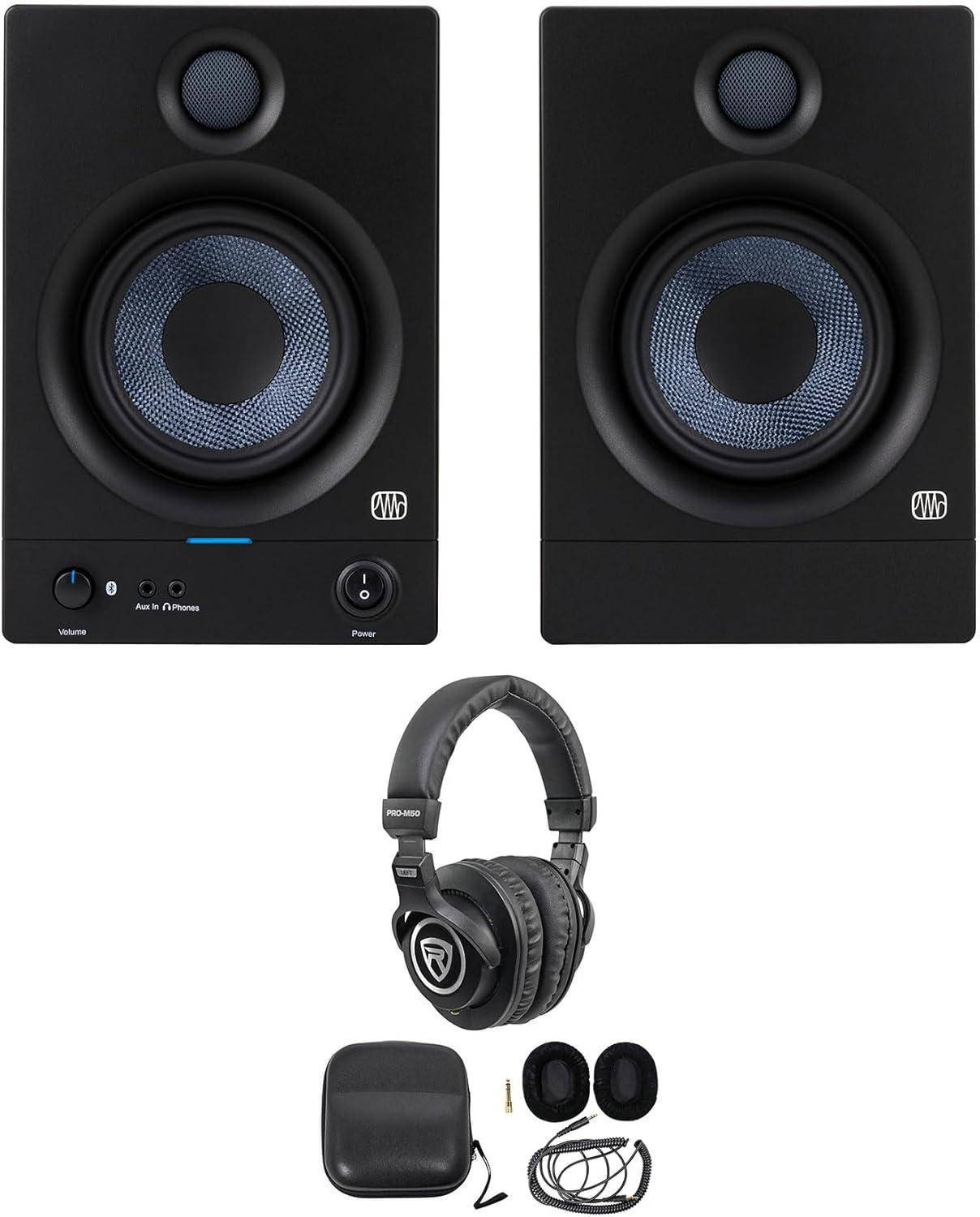 Audiosavings Bundle: (1) Pair Presonus Eris 5BT 2nd Gen Studio Monitors Speakers w/Bluetooth Bundle with (1) Rockville PRO-M50 Studio Headphones w/Detachable Coil Cable,Case+Extra Ear Pad (3 Items)
