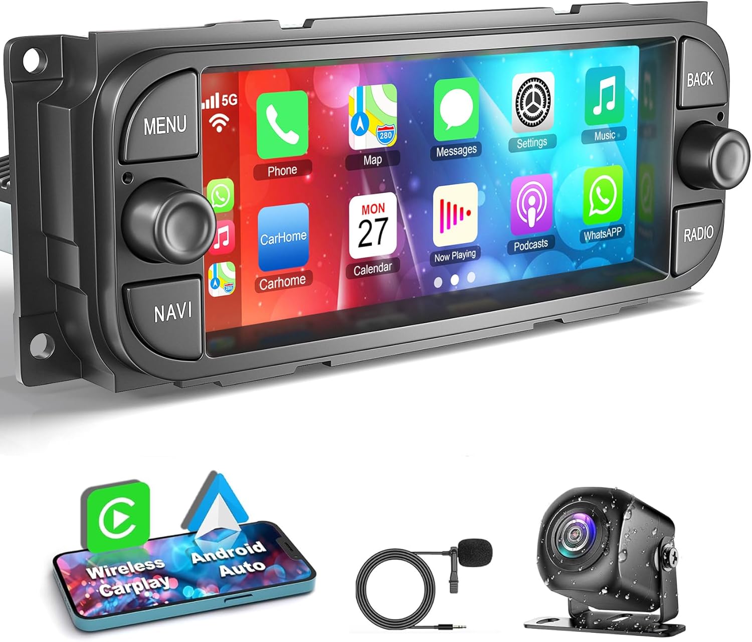 [4G+64G] Car Radio for Dodge RAM 2002 2003 2004 2005 2006, for Jeep Wrangler 2003 2004 2005 2006,Jeep Grand Cherokee 1999-2004, Support Wireless Carplay&Android Auto, 6.8 inch IPS Touchscreen