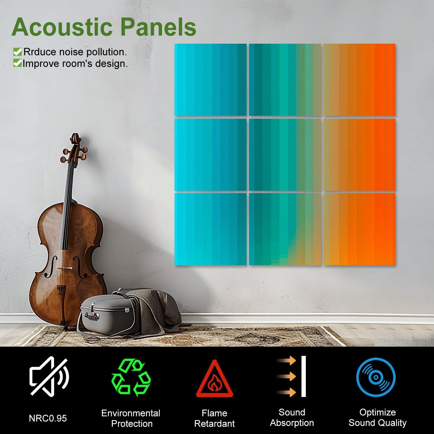 Art Acoustic Panels Self Adhesive Orange abstract gradient decomposed vertical color lines 9 Packs Decorative Soundproof Wall Panels Large Sound Absorbing Panels for Home Office 60