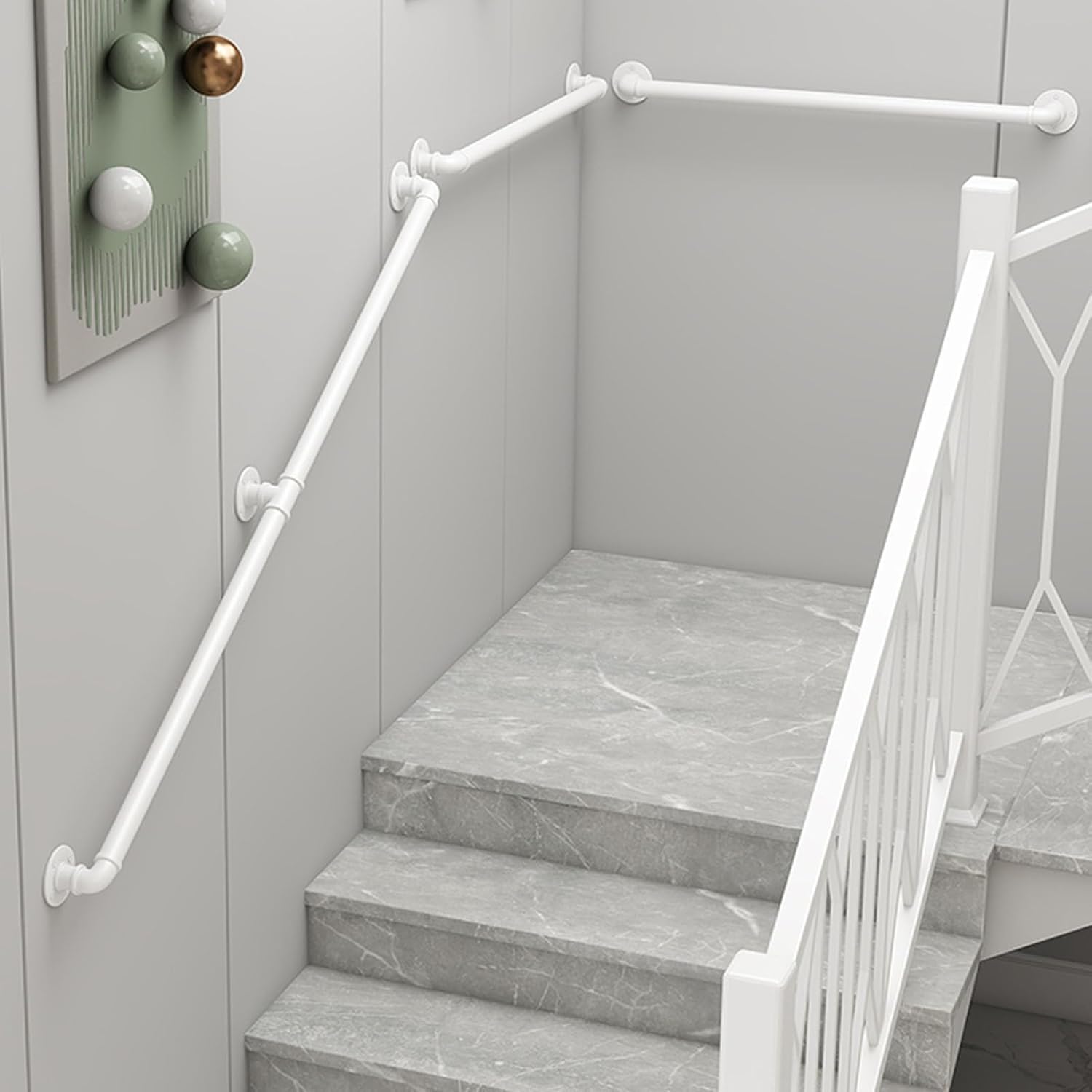 Modern Staircase Handrail with Wall Mount Support Round Corner Pipe Banister Metal Iron Grab Bar Safety Hand Railing Indoor Outdoor Stair Porch Deck Hand Rail, White (Size : 9ft) (16.4ft)