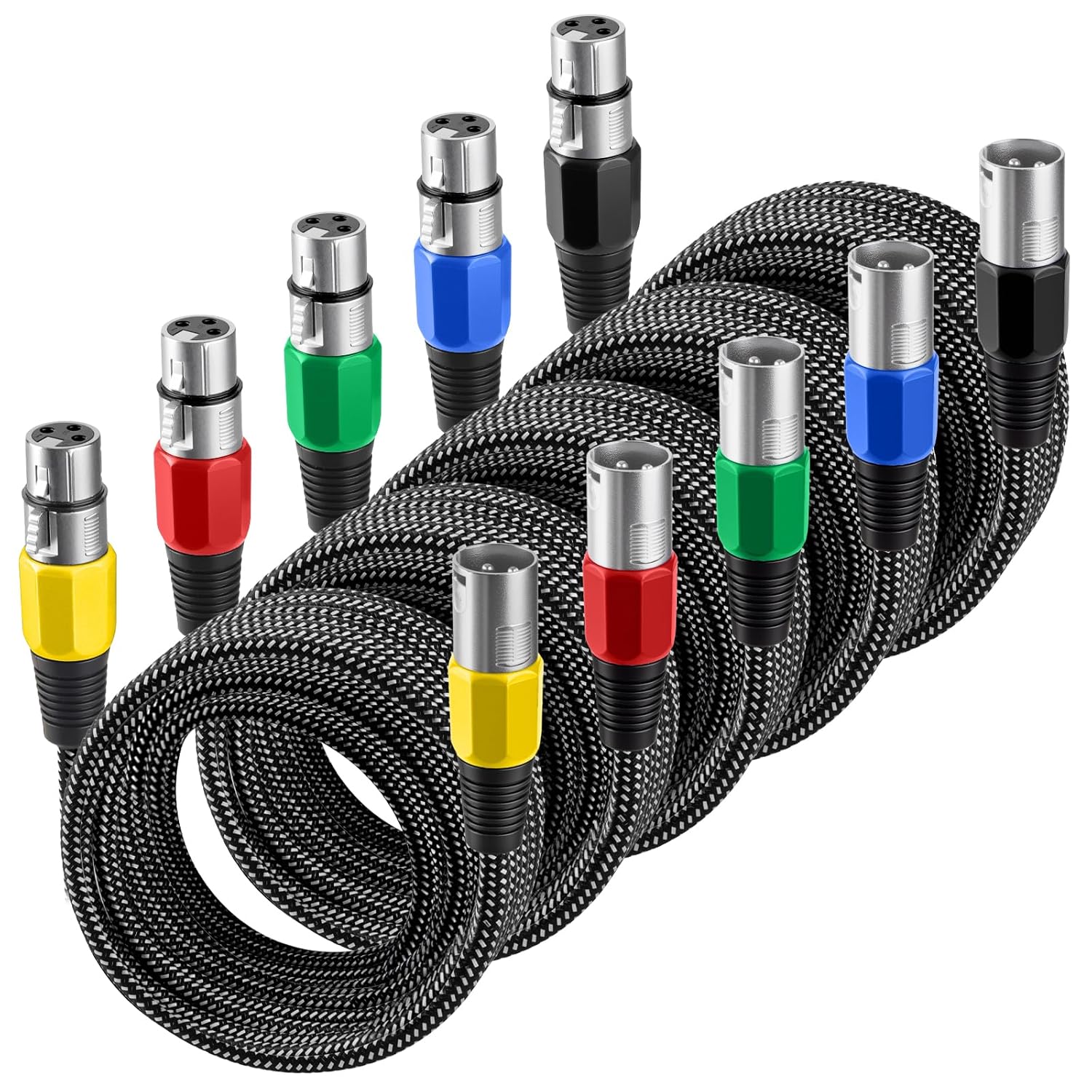 XLR Cable 30 FT/5 Pack, Microphone Cable 3 Pin Nylong Braided Balanced XLR Male to Female Heavy Duty Mic Patch Cords (Pure Copper Conductors)