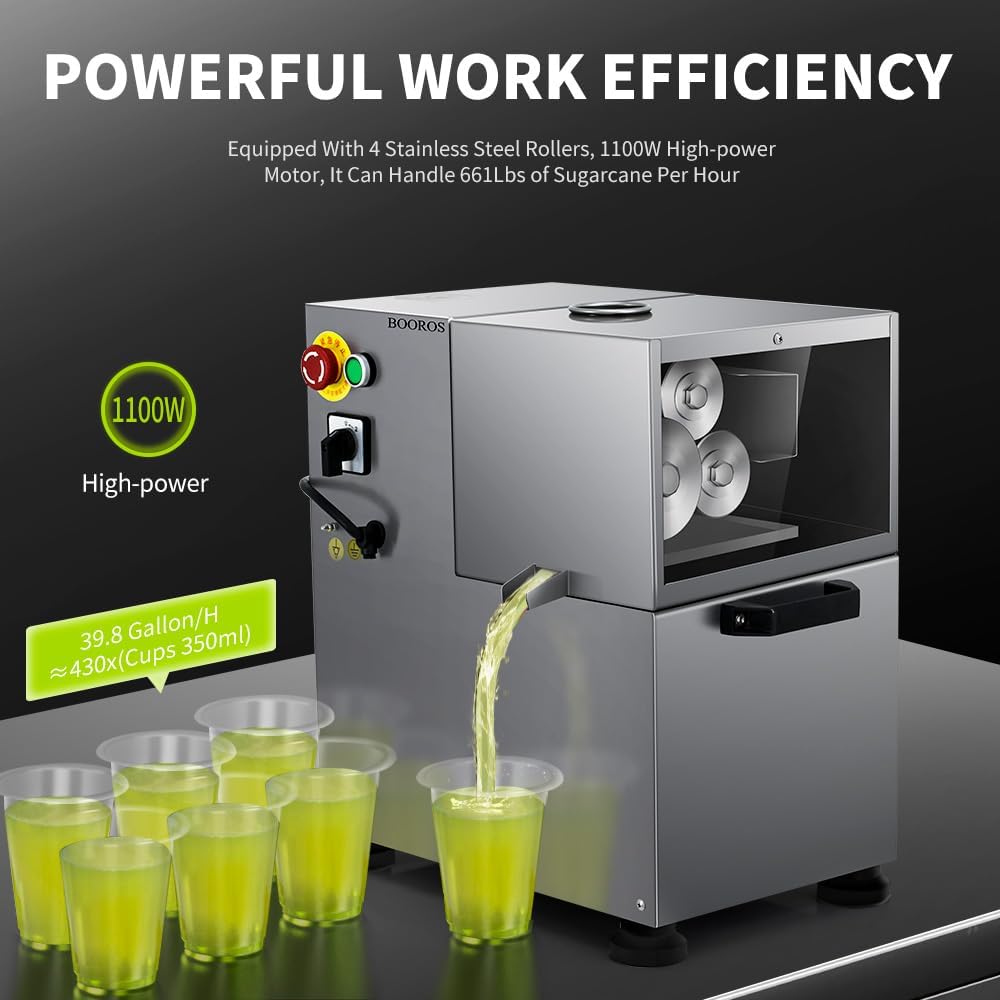BOOROS Commercial Sugar Cane Juicer Machine 1100W Electric Sugarcane Juicer 4-Rollers Sugar Cane Machine With 661 Lbs/h Working Efficiency for Restaurants,Hotels,Snack Bars,110V