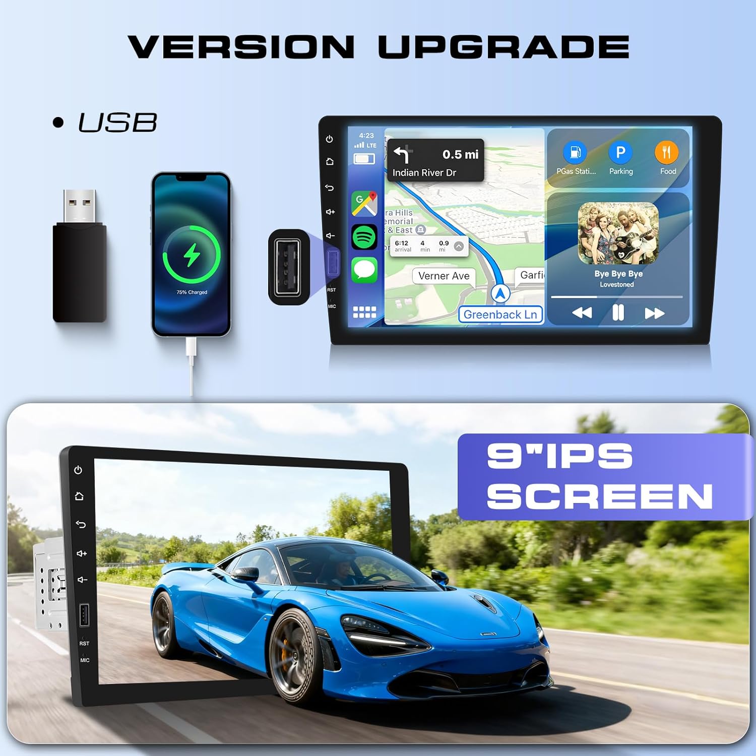 Hodozzy Single Din Car Stereo with 9 Inch IPS Touch Screen, Wireless CarPlay & Android Auto, Bluetooth, FM/AM/RDS Radio, Online Video, Mirror Link,EQ,SWC,USB,Backup Camera & RGB Button Lights