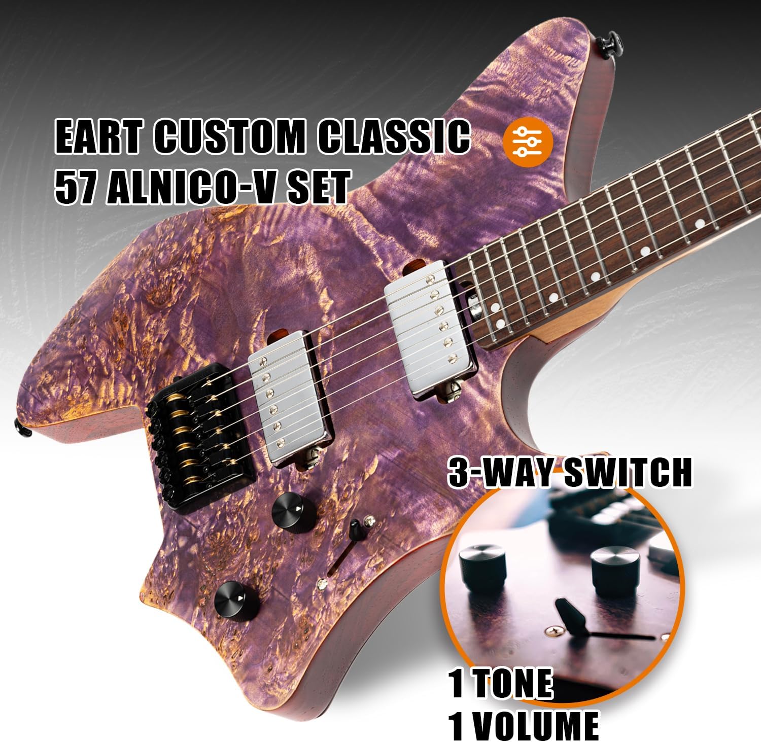 EART Headless Electric Guitar GW2 fixed Bridge for 6 String Travel Guitar, Stainless Steel Frets, Poplar Burl Venner Top, Purple