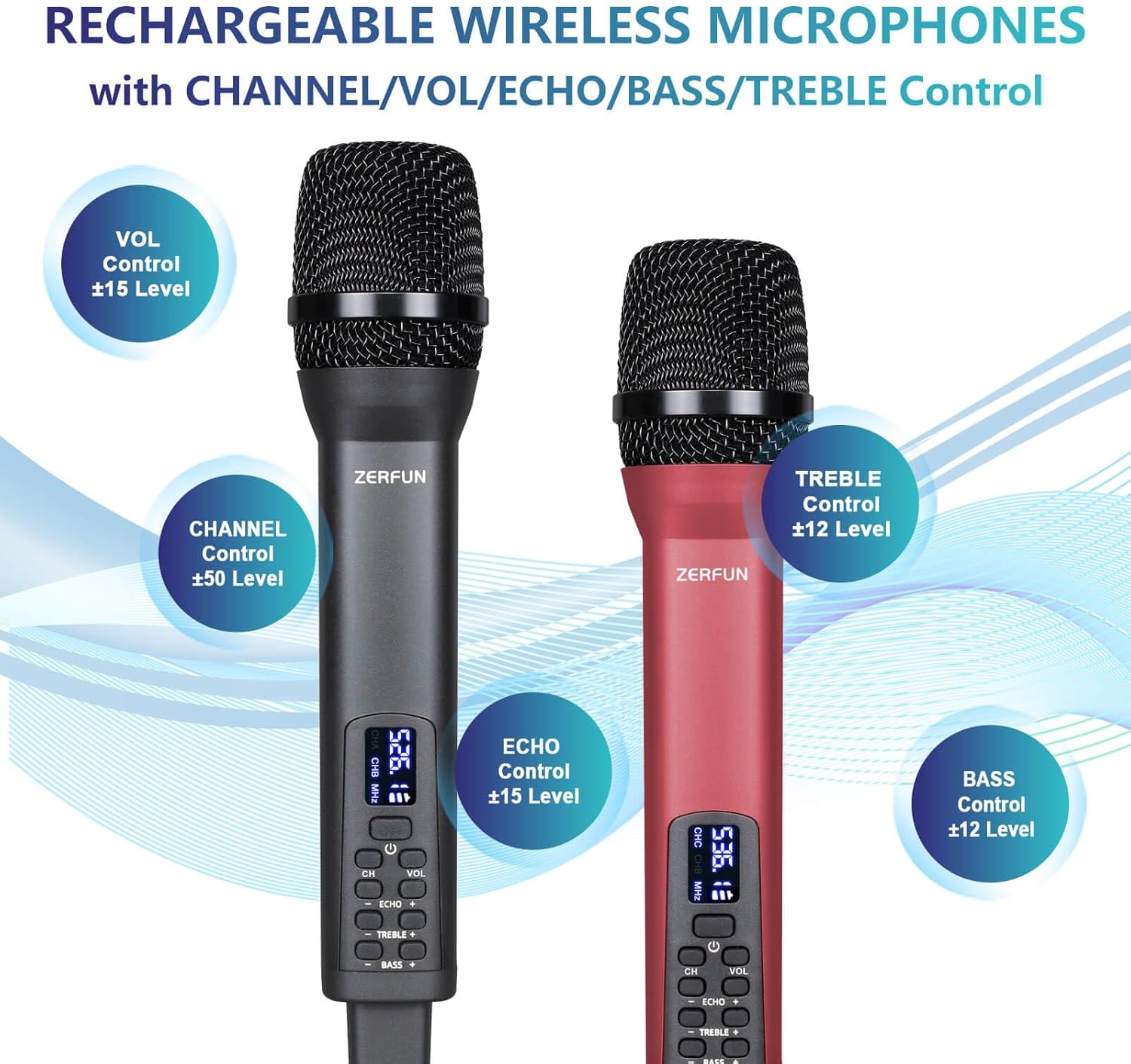 Rechargeable Wireless Microphone System 4 Channel Pro, UHF Handheld Cordless Mics with VOL Echo Treble BASS Control, LCD Display, Frequency Lock, XLR, 1/4, 1/8 Output, D-300, Grey&Red