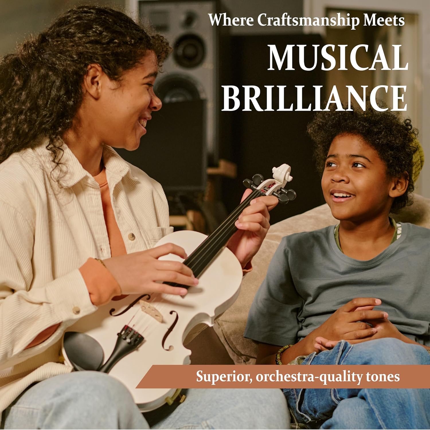 Cecilio 4/4 Full Size Acoustic & Electric Violin for Beginners & Professionals, Hand-Carved Solid Spruce Top, Ebony Fine Tuners, Full Set with Case, Bow, Rosin & AUX Cable (Pearl White)