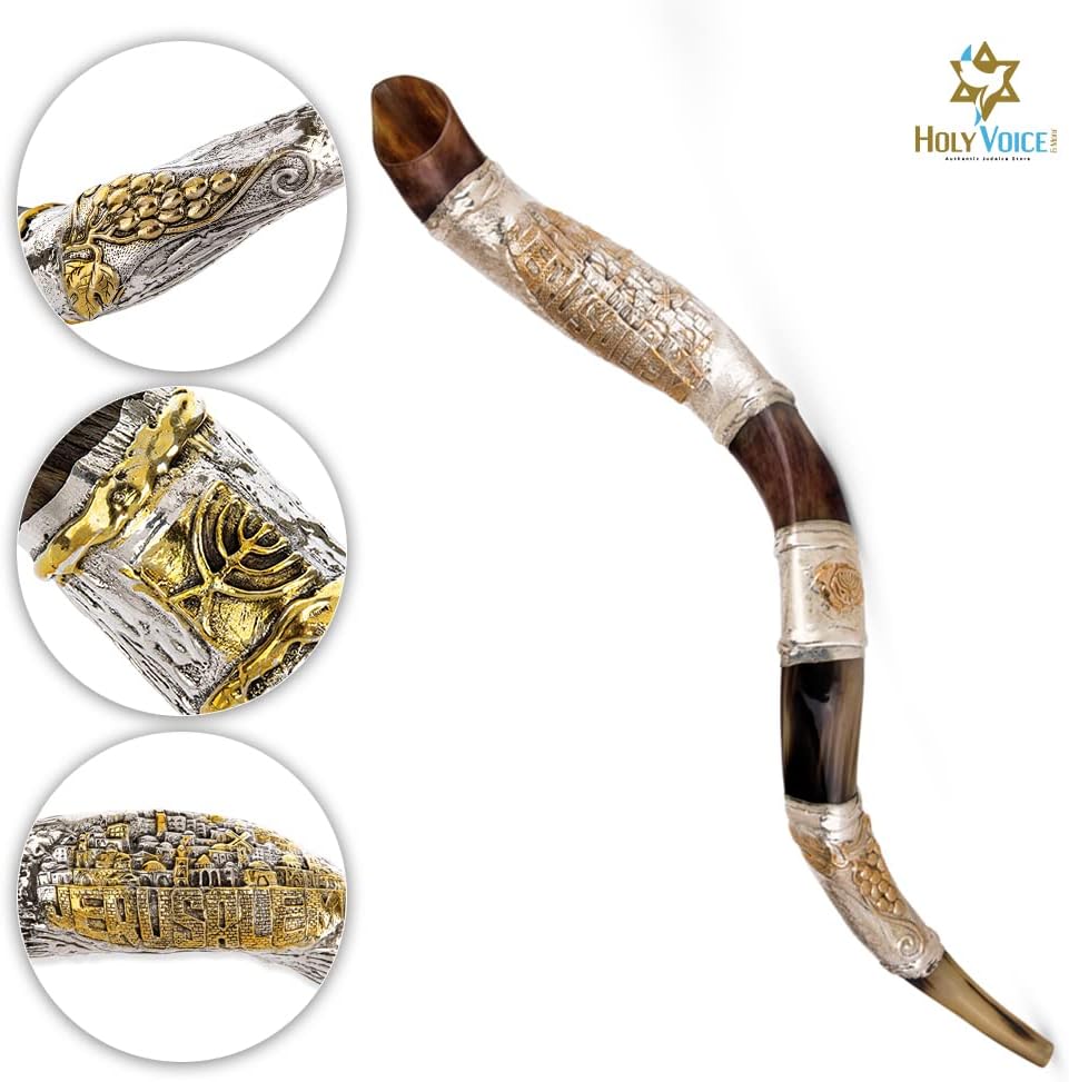 Holy Voice Sterling Silver-Plated Shofar Horn from Israel - Silver Plated Shofar with Stand, Carrying Bag and Cleaning Brush Made in Israel (32