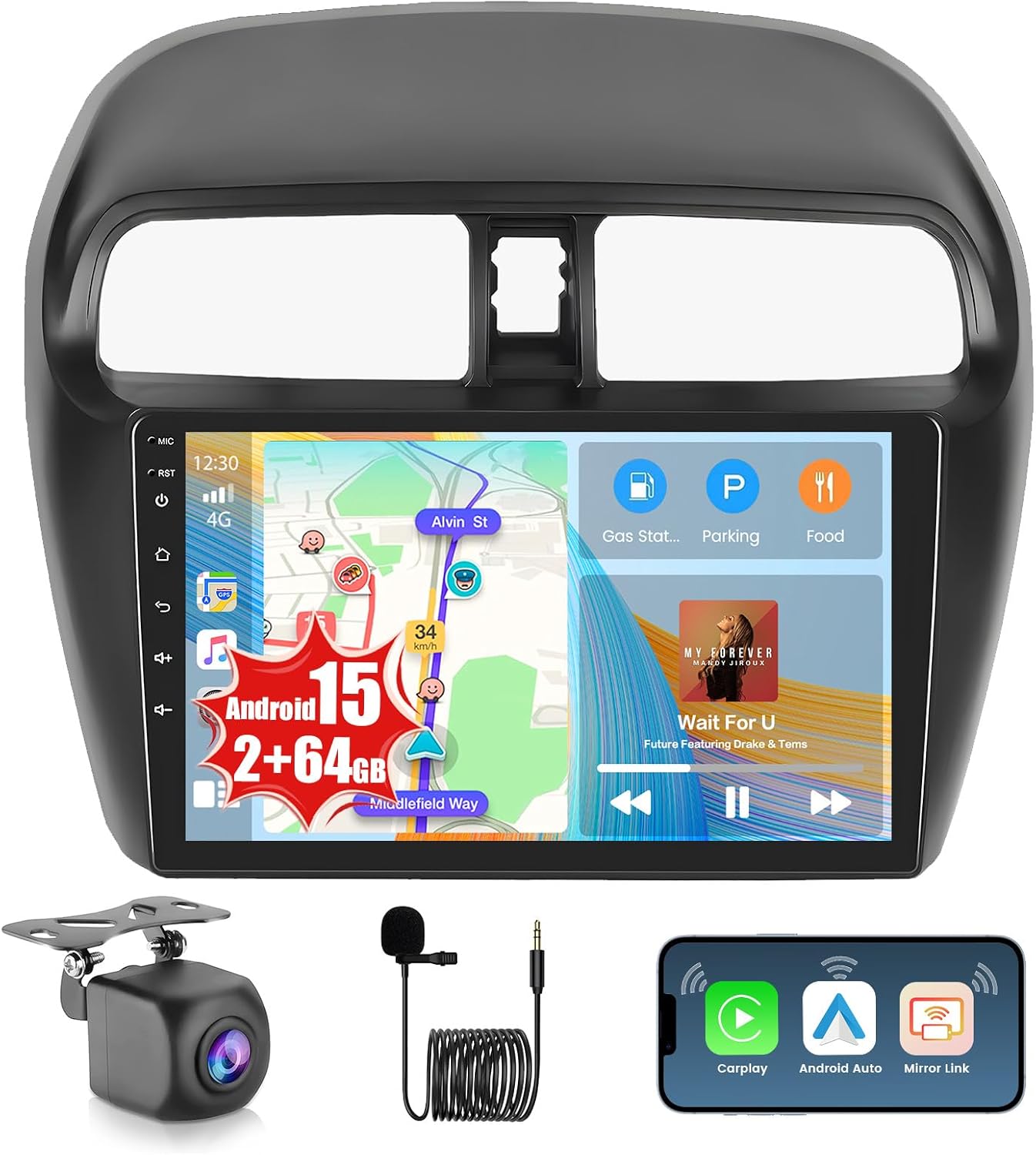 2+64GB Realdio Android 15 Car Stereo for Mitsubishi Mirage 2012-2018 with Wireless Carplay and Android Auto, 9 Inch Touchscreen Car Radio for Mirage with Bluetooth, EQ, GPS, WiFi, FM/RDS Backup Camera