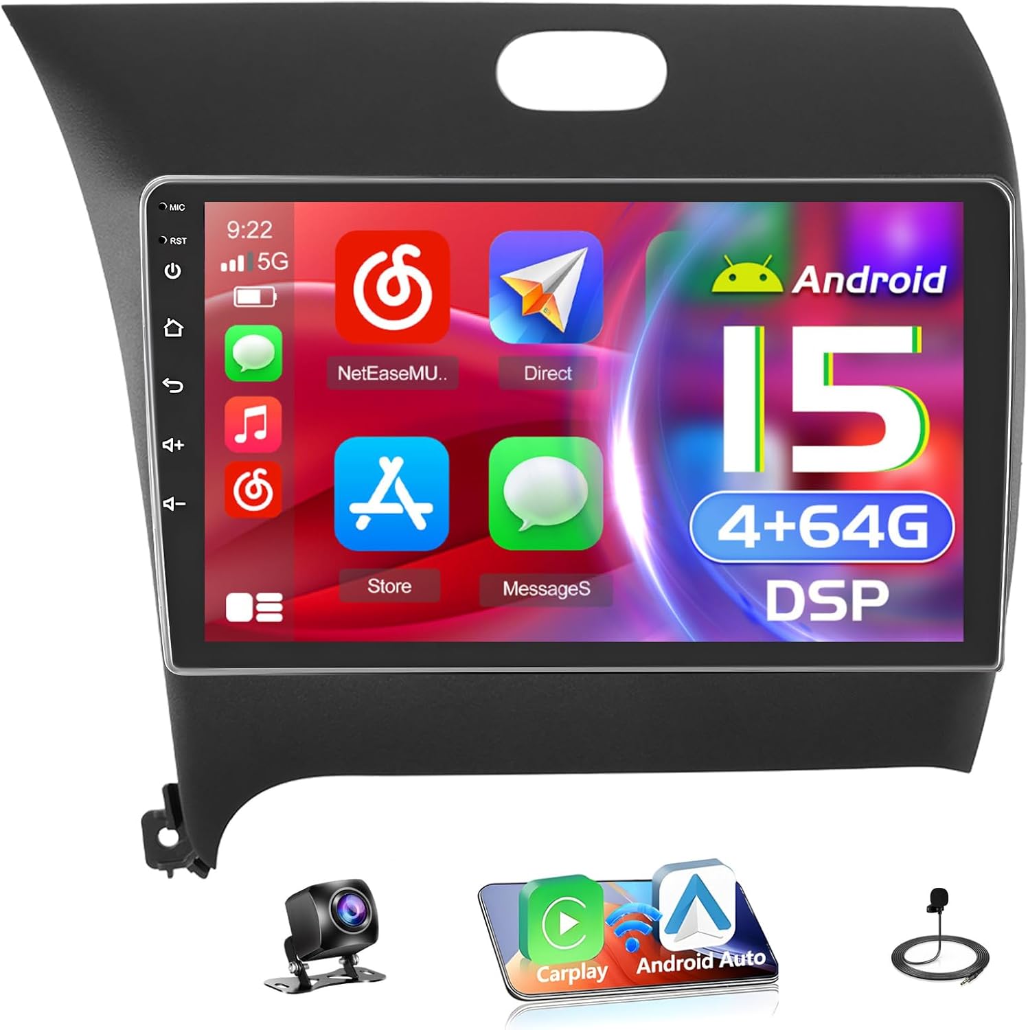 [DSP 4+64G] Android 15 Car Stereo for KIA Cerato K3 Forte 2013-2018, Hikity 10'' Touchscreen Radio Wireless Carplay Android Auto FM/RDS/32EQ Bluetooth 5G WiFi Mirror Link GPS/SWC Backup Cam+Mic