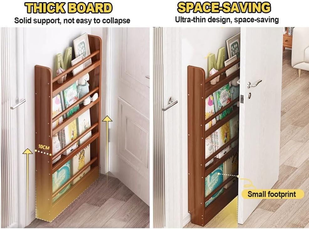 Behind Door Storage Cabinet - 5 6 Tiered Wooden Shelf for Books, Floor Mount Tall Thin 10cm Bookshelf Modern Vertical Open Shelf Bookcase for Bedroom, Living Room, Home Office(23.6