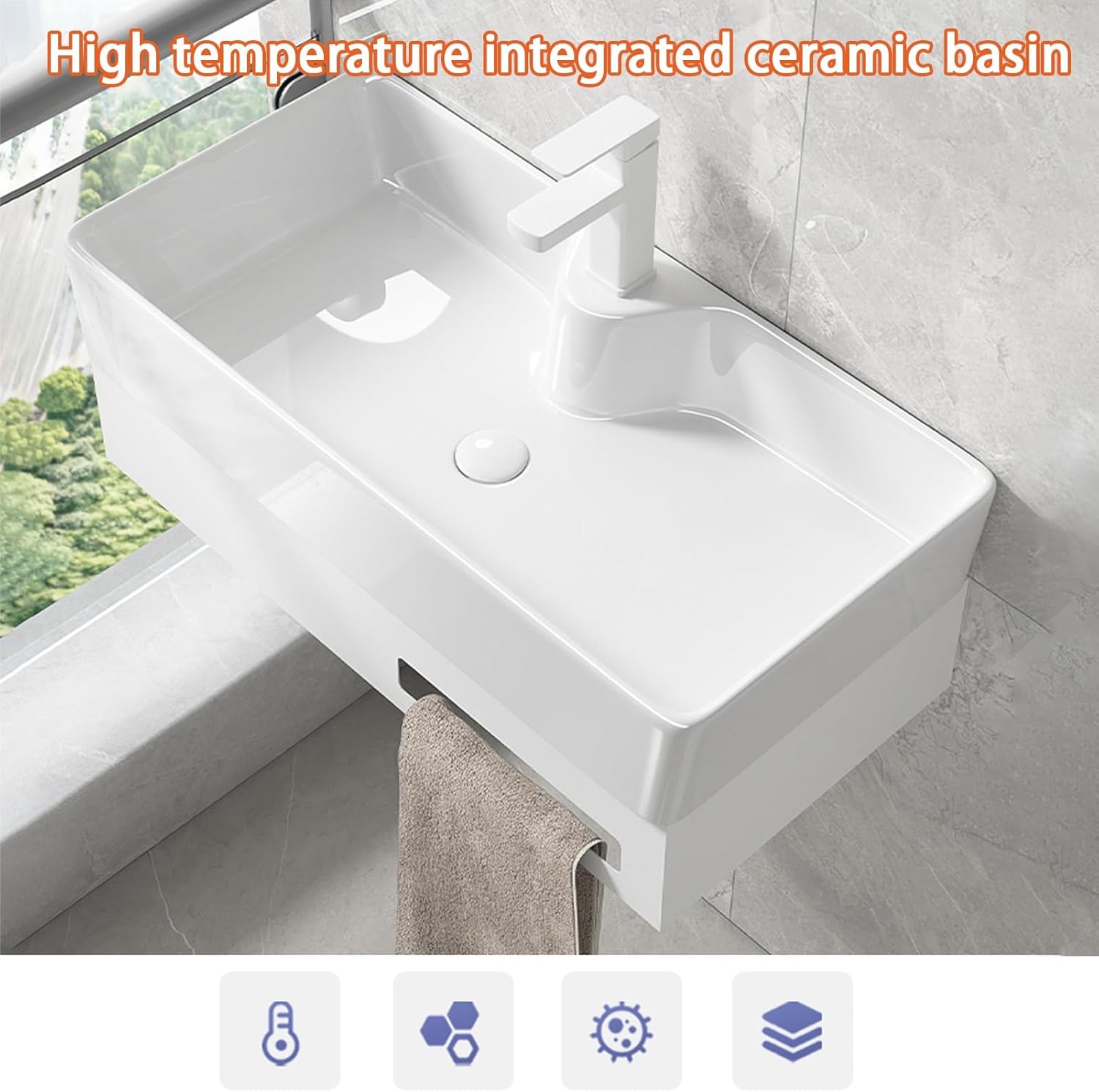Corner Bathroom Sink, Rectangle Wash Basin Sink, Wall Mount Ceramic Sink, Corner Bathroom Vanity with Towel Bar, for Small Space Wall Mounted Floating Cabinet(48cm/18.9in)
