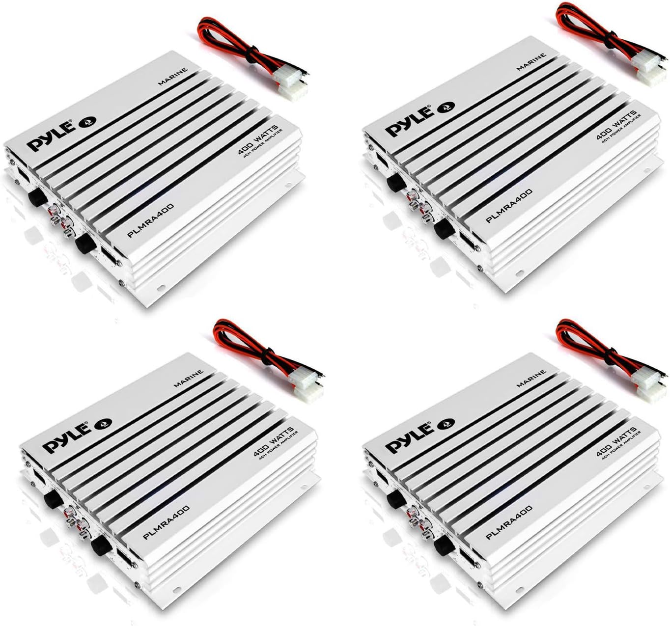 Pyle PLMRA400 Elite Series 400W 4 Channel Waterproof Marine Boat Audio Sound System Amplifier with Dual MOSFET Supply, White (4 Pack)
