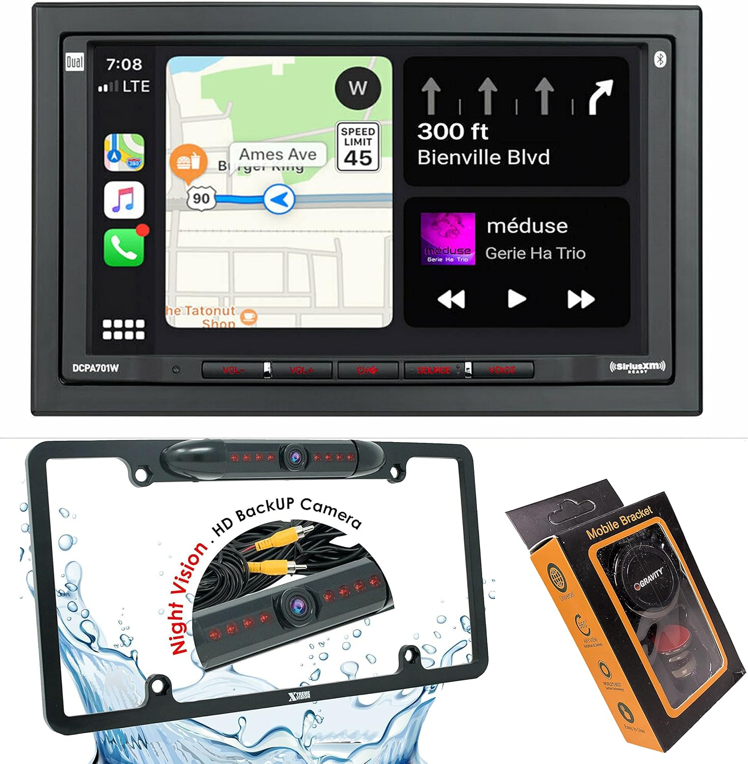 Dual DCPA701W 7-Inch Single-DIN in-Dash Digital Media Receiver with Bluetooth, Android Auto and Wireless WiFi CarPlay Android Auto to The Unit with Gravity Magnet Phone Holder and Camera PK2 Bundle