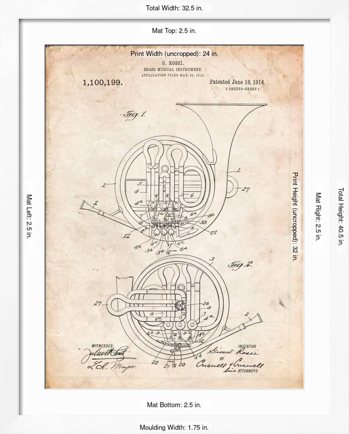 ART.COM Wall Art Print French Horn Instrument Patent on White Frame by Cole Borders, 32