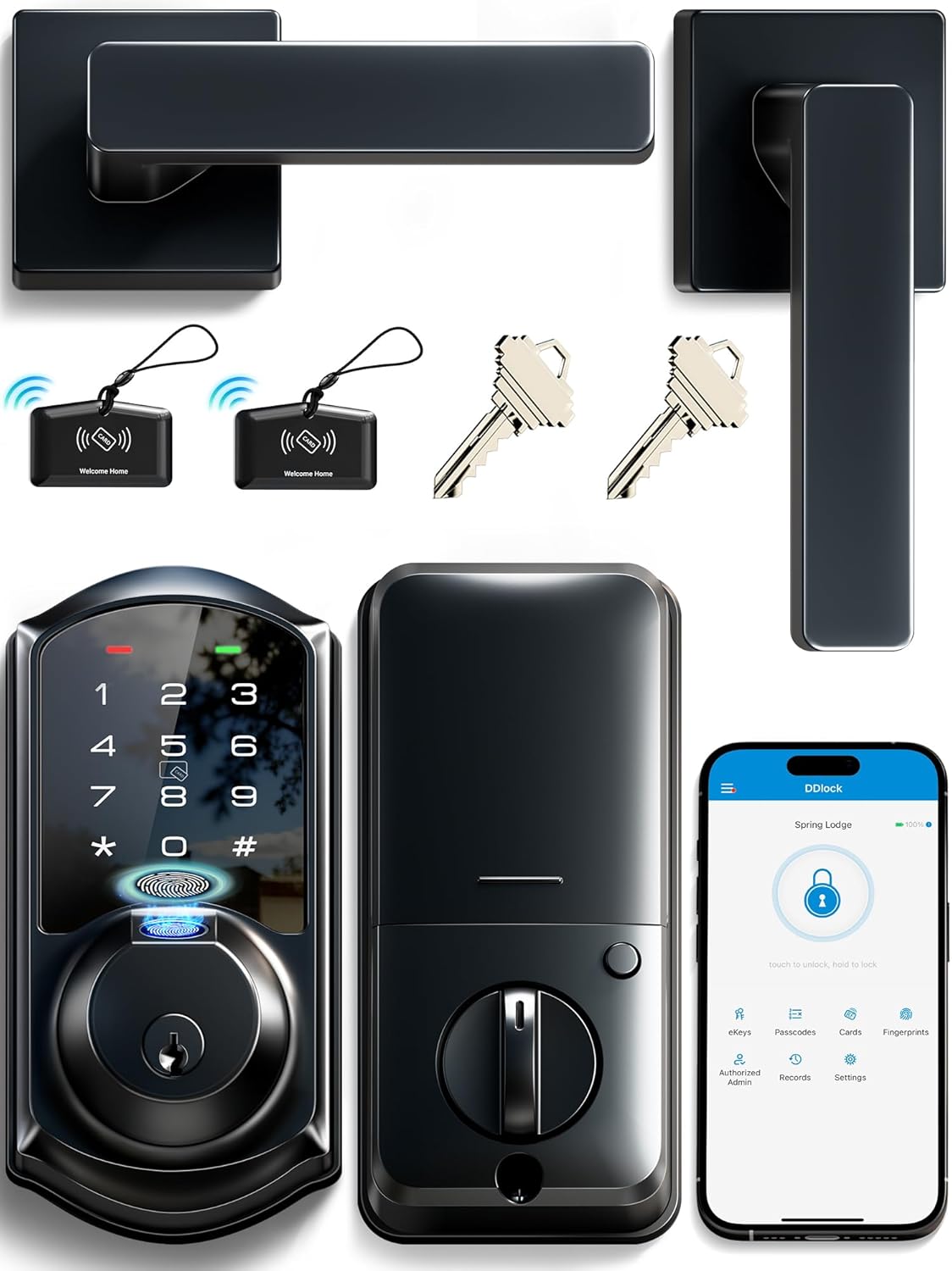 Veise VE07-L Fingerprint Smart Locks for Front Door with Zinc Alloy Handle Set, App Control, Keyless Entry, Electronic Digital Keypad Deadbolt, Auto Lock, Waterproof, Easy to Install, Matte Black