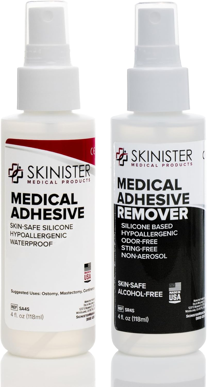 Medical Adhesive (4oz) and Remover (4oz) Combo Pack | Ostomy, Breast Form | Waterproof Silicone Skin Glue for Bandages, Prosthetics, Condom Catheters
