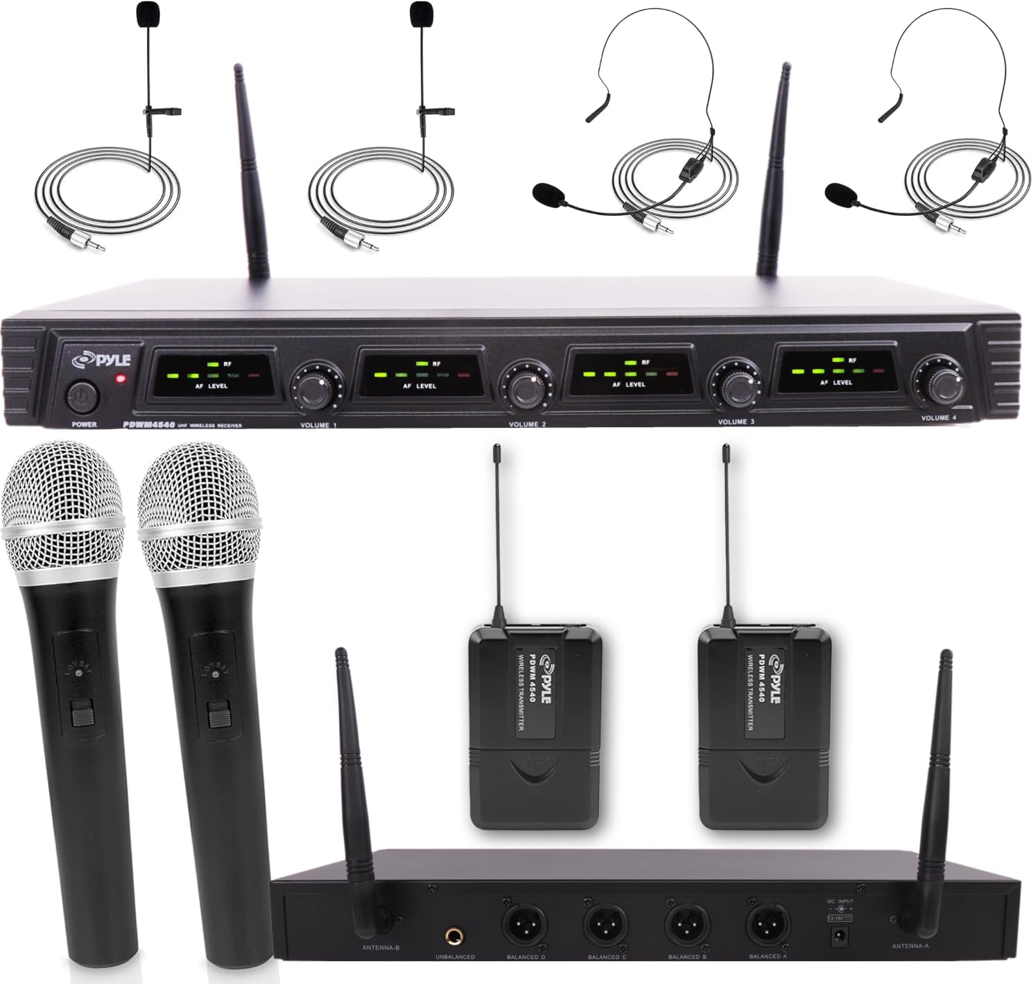 Pyle 4 Channel Wireless Microphone System - Portable UHF Audio Mic Set with 2 Handheld, 2 Headset, 2 Lavalier Mics, 2 Transmitter, 8 'AA' Battery, Power Adapter - For Karaoke, PA, DJ - Pyle PDWM4540