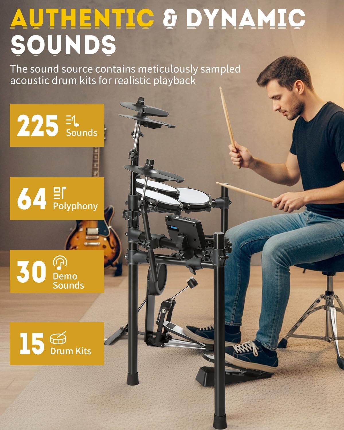 Ktaxon Electric Drum Set, Electronic Drum Set with USB MIDI, Dual Power Modes, 3 Smart Coaching, Dual Zone Triggering, Metronome, Record, 225 Authentic Sounds, 64 Polyphony & 30 Demos for Adults(Full)