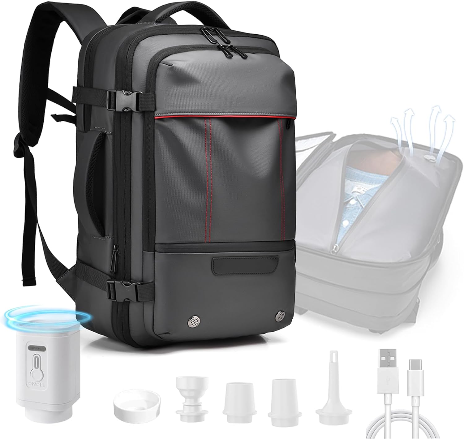 Vacuum Backpack for Travel, 25 Inch Expandable Vacuum Compression Bag with Electric Vacuum Pump, Space Saver Bags (Grey)